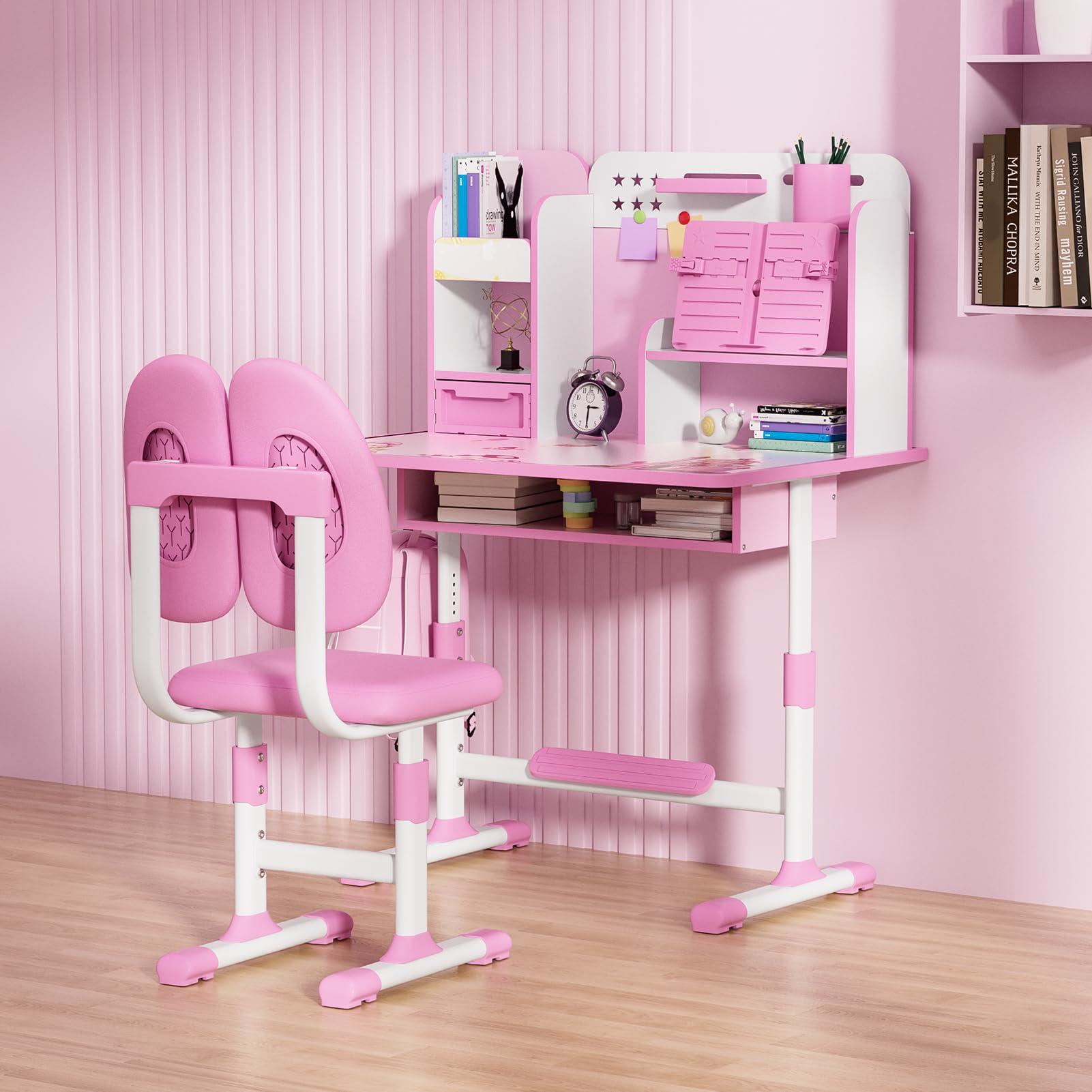 Adjustable Kids Desk and Chair Set with Astronaut Design - Study Table with Shelf & Large Drawers for Boys Girls Age 3+ (Pink) - Perfect for Homeschooling, Online Learning & Bedroom Study Space