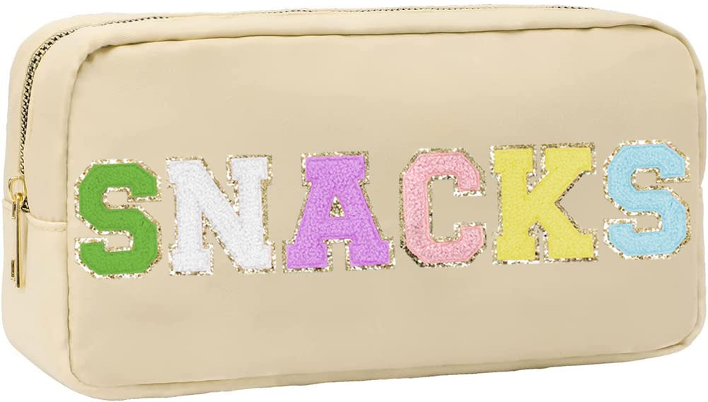 Nylon Zipper Makeup Bag for Women & Girls - Chenille Letter Cosmetic Pouch, Toiletry Organizer (Beige Snacks Pattern) - Perfect for Travel, Gym & Daily Essentials Storage