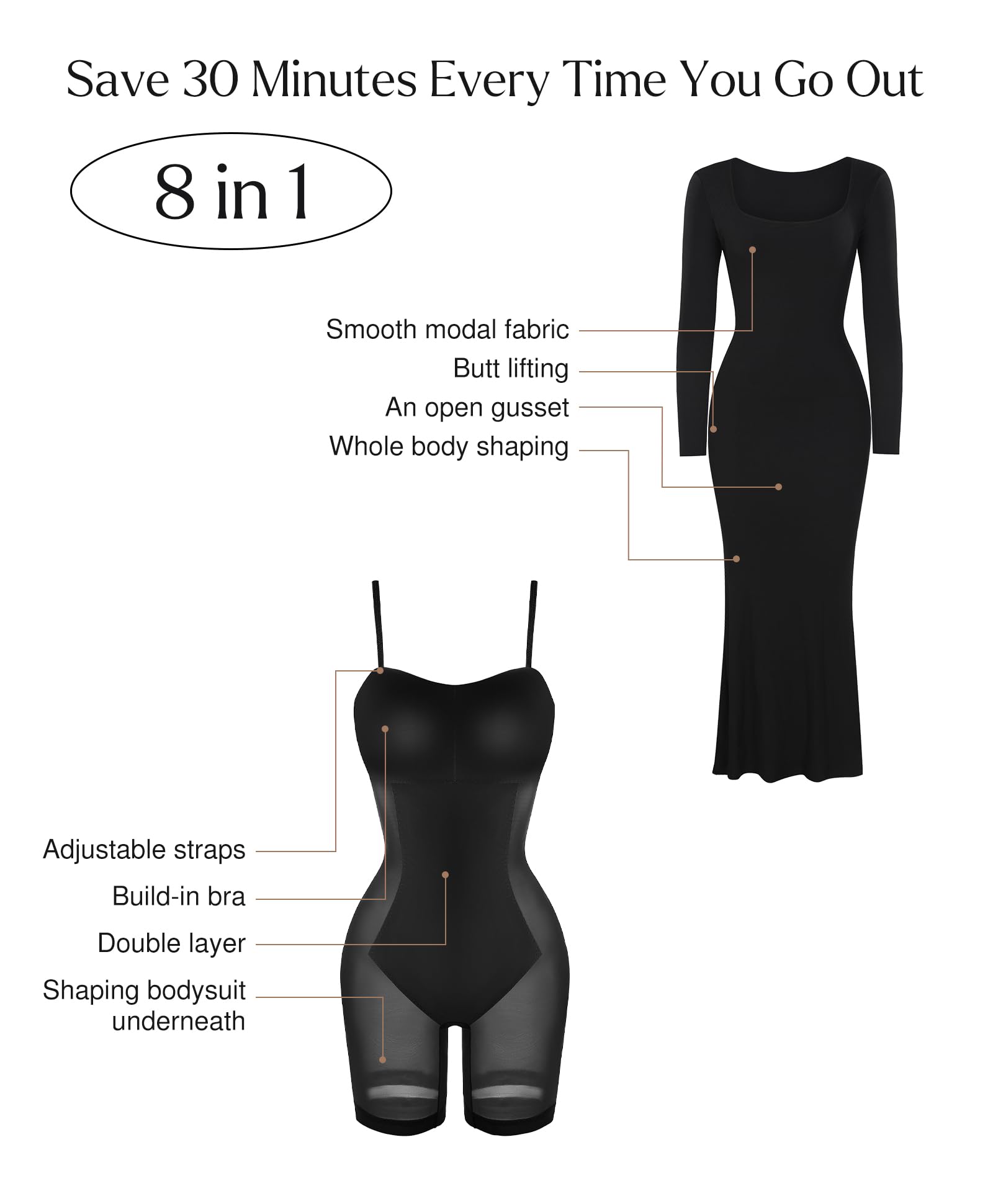 Popilush Women's Long Sleeve Bodycon Maxi Dress with Built-in Shapewear & Bra - Tummy Control Formal Cocktail Dress for Fall & Winter | Perfect for Parties, Weddings & Evening Events