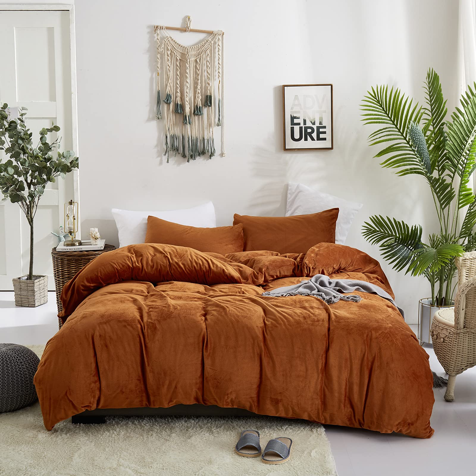 CLOTHKNOW Burnt Orange Flannel Duvet Cover Set - Twin Size Rust & Caramel Comforter Cover - 3Pcs Soft & Cozy Bedding Set for Kids, Boys & Girls - Perfect for Winter Nights & Cozy Bedroom Decor
