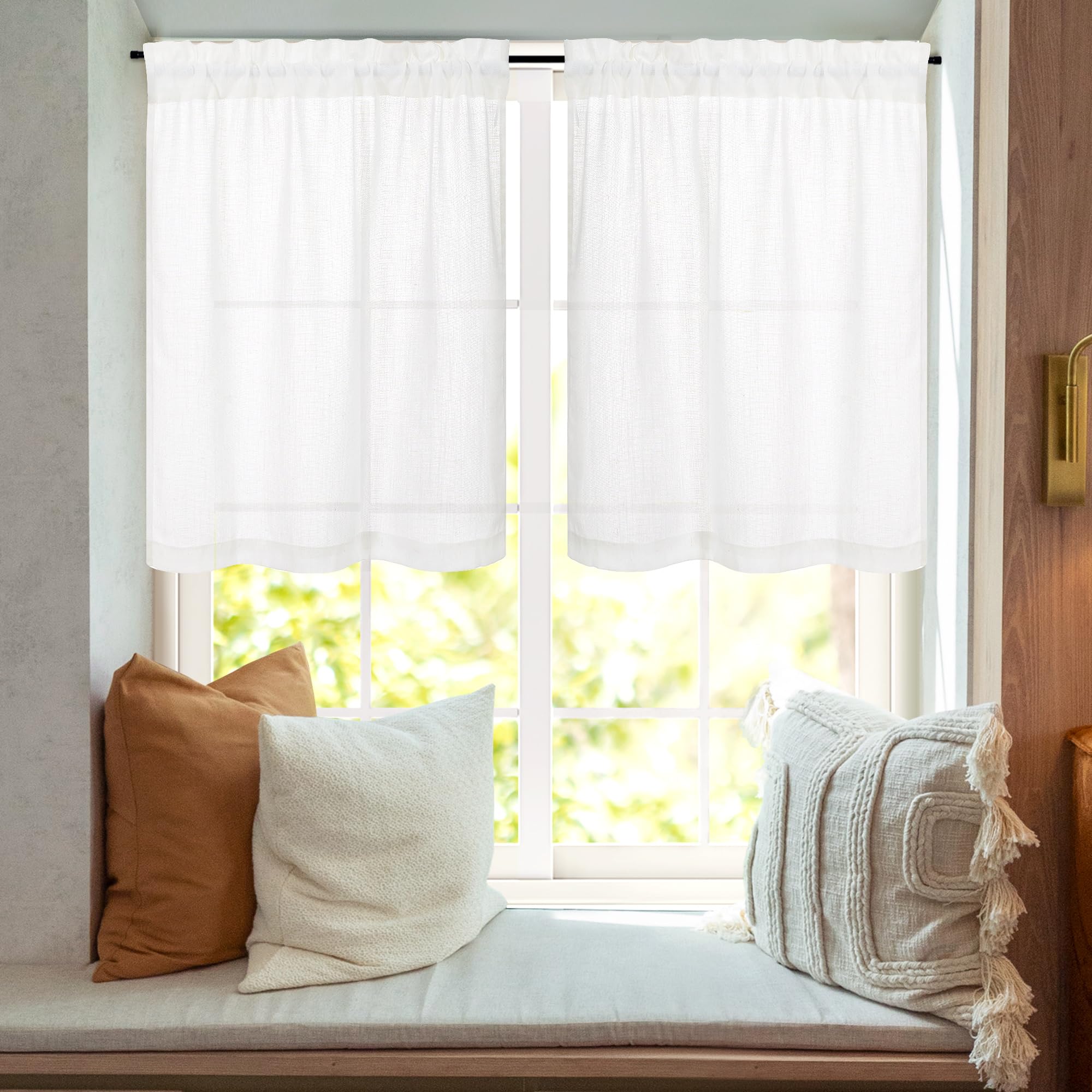 Deconovo 24 Inch Cafe Curtains - Farmhouse Style Rod Pocket Faux Linen Kitchen Window Curtains for Small Windows (26x24 Inch, 2 Panels, Pure White) - Perfect for Cozy Kitchens, Breakfast Nooks & Cottage Style Homes
