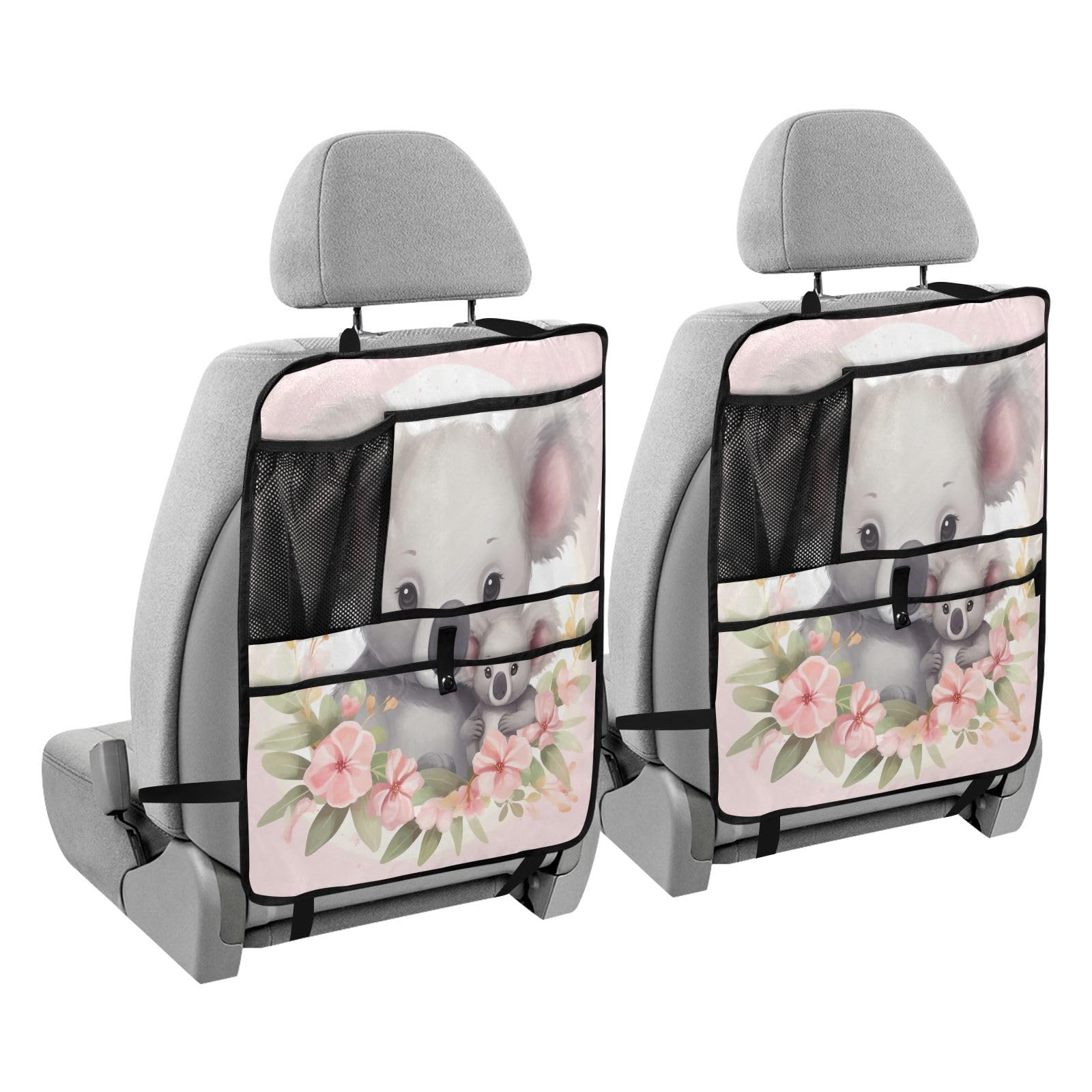 Koala Print Car Seat Protector with Storage Pockets - Waterproof Back Seat Organizer & Kick Mat for Child Safety - Perfect for Family Road Trips and Baby Car Seat Protection