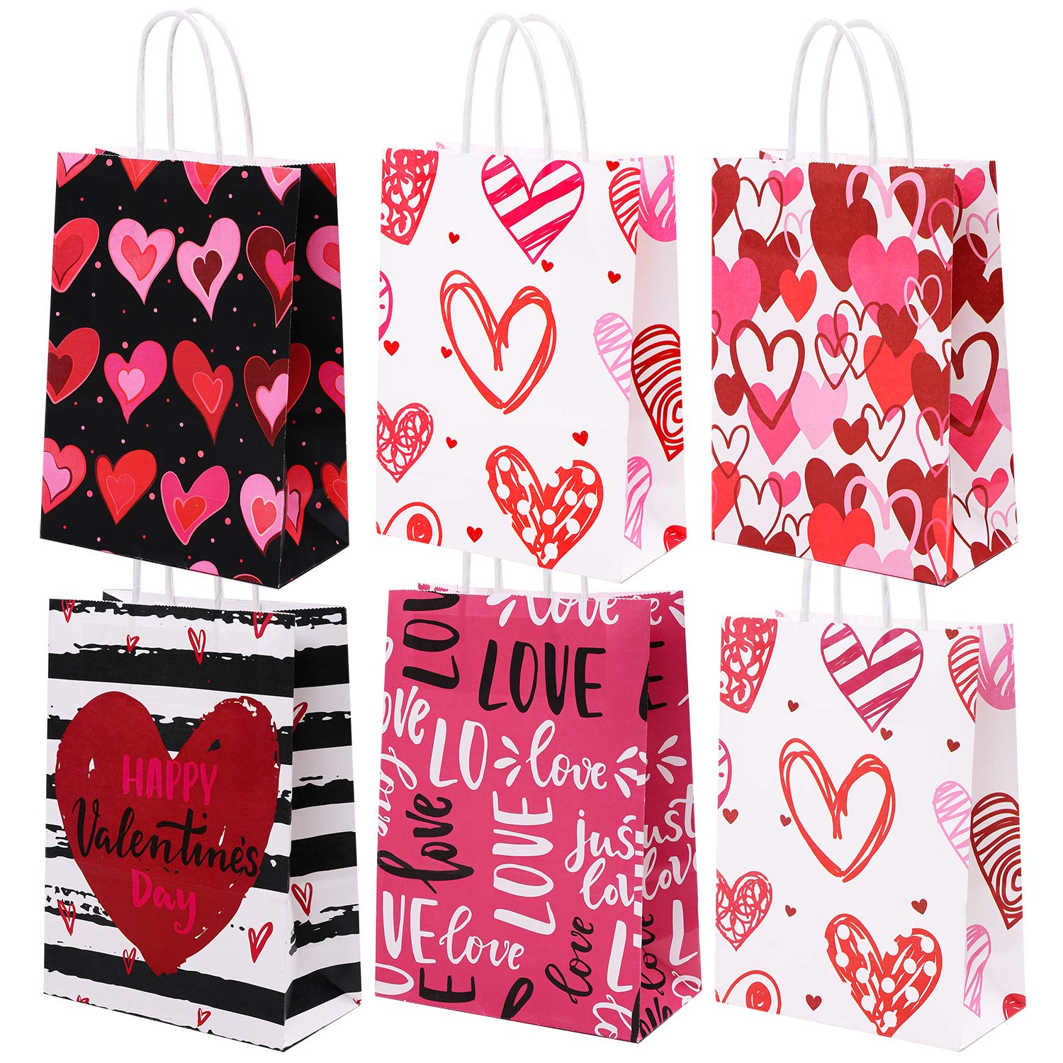 20-Piece Valentine's Day Kraft Paper Gift Bags with Handles - Red & Pink Heart Design for Party Favors, Classroom Treats & Romantic Gift Packaging