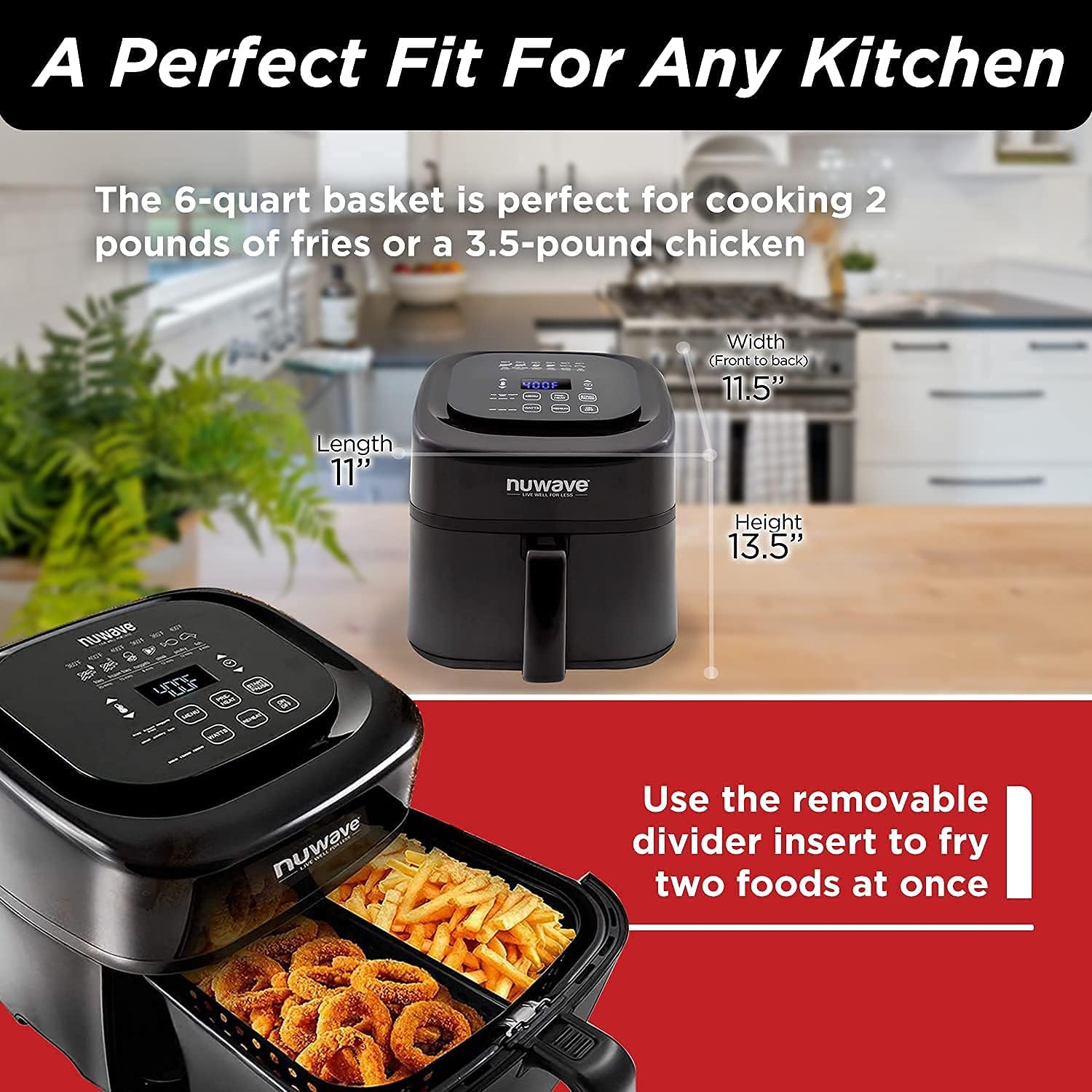 Nuwave Brio 6-Quart Digital Air Fryer with Non-Stick Baking Pan & Stainless-Steel Rack - Healthy Oil-Free Cooking for Family Meals, Snacks & Meal Prep (Black, 6-Quart + Gourmet Kit)