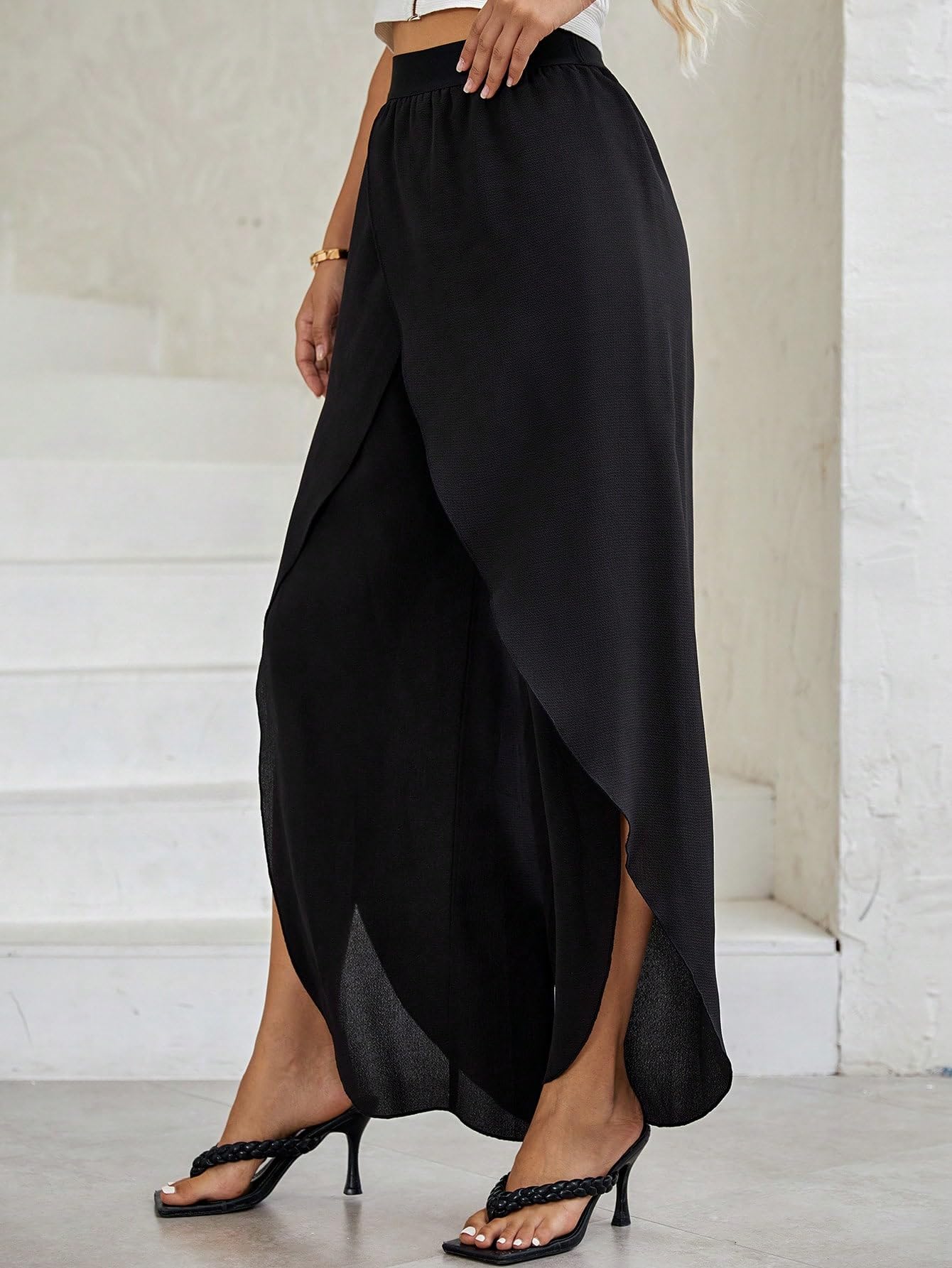 WDIRARA Women's High Waisted Stretchy Wide Leg Pants - Elastic Waistband, Asymmetrical Hem, Casual Lounge Pants for Work, Travel & Everyday Wear