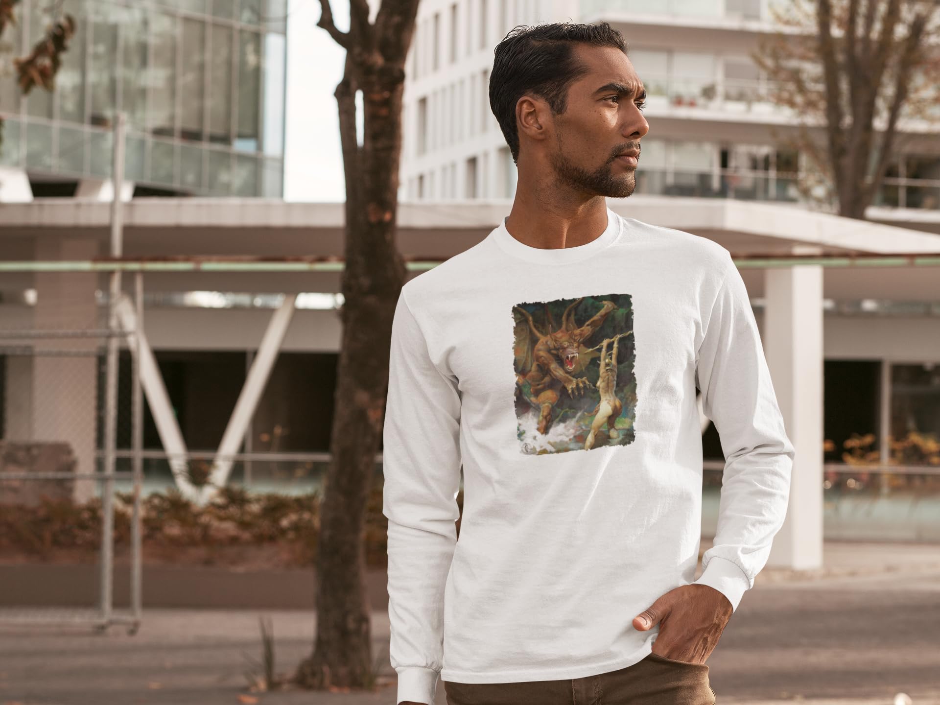 Frank Frazetta Beauty and The Beast Art Long Sleeve Graphic T-Shirt - Pop Culture Vintage Tee for Disney Fans & Fantasy Lovers - Perfect for Cosplay, Comic Con & Casual Wear