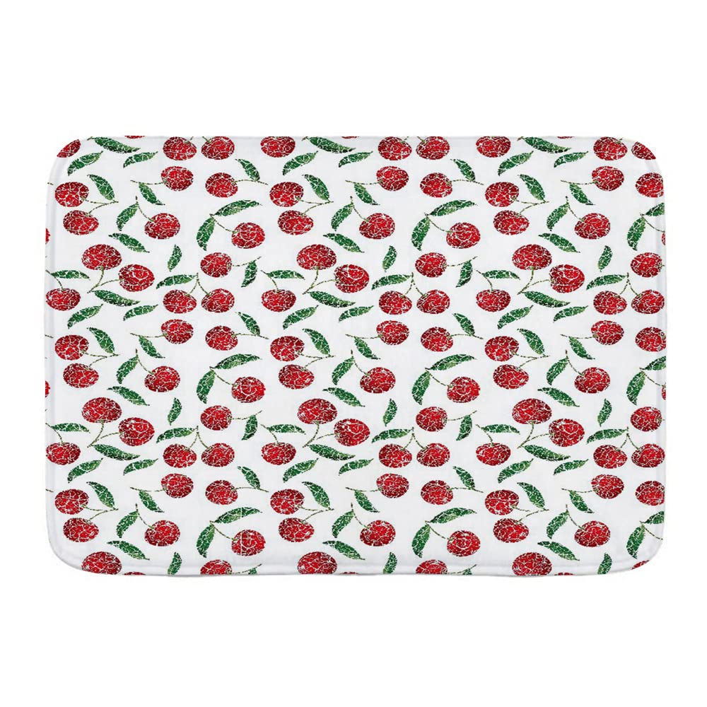 Non-Slip Cherry Print Bath Mat - Grunge Mosaic Style, Soft Washable Bathroom Rug for Shower, Kitchen & Living Room | Fresh Orchard Harvest Design, Perfect for Bedroom Door & Bathroom Floor Safety