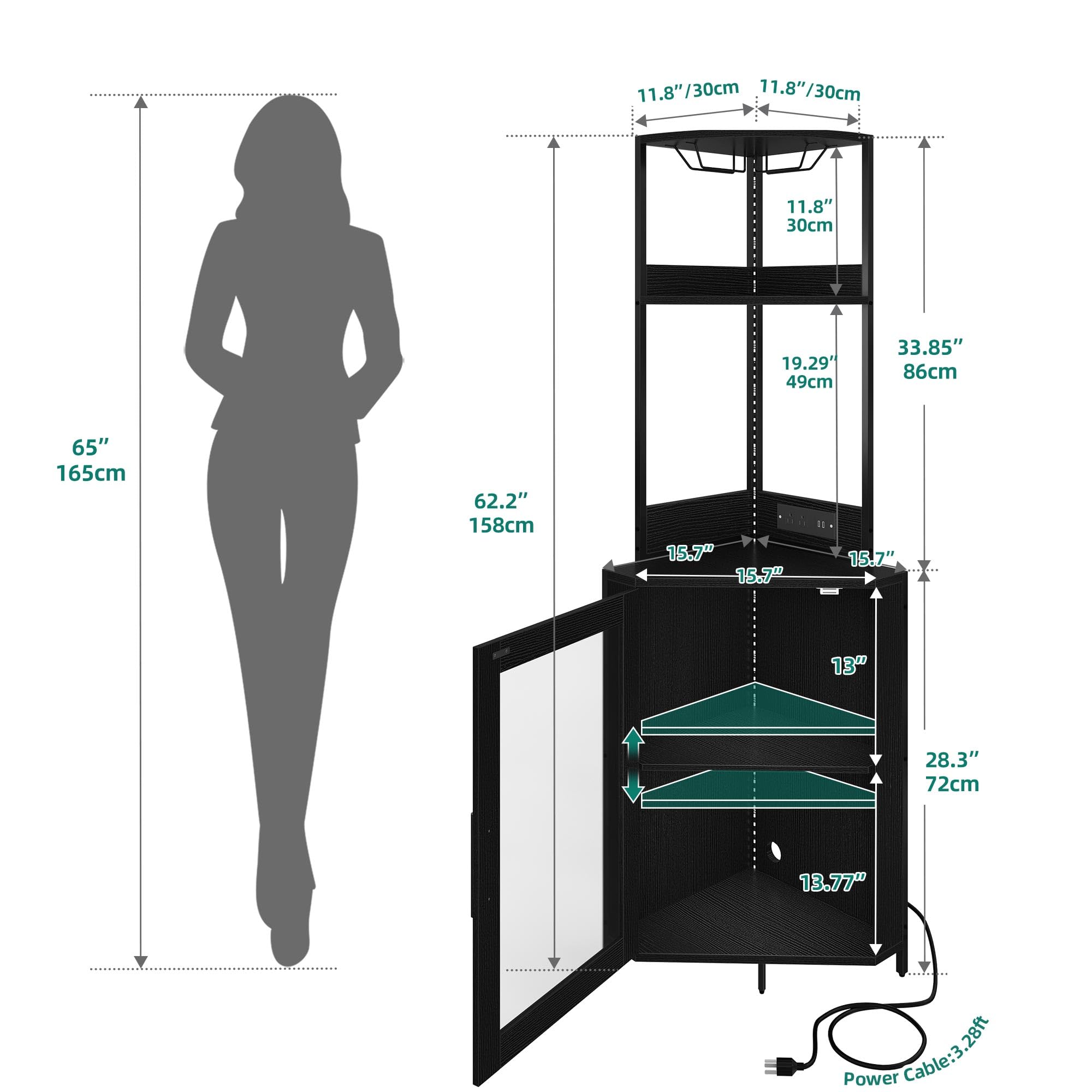 YITAHOME Black Corner Wine Cabinet with Power Outlets & LED Lights - Bar Cabinet with Glass Holder, Liquor Storage Rack for Living Room, Dining Room, Kitchen | Perfect for Home Bars, Entertaining Guests & Wine Display