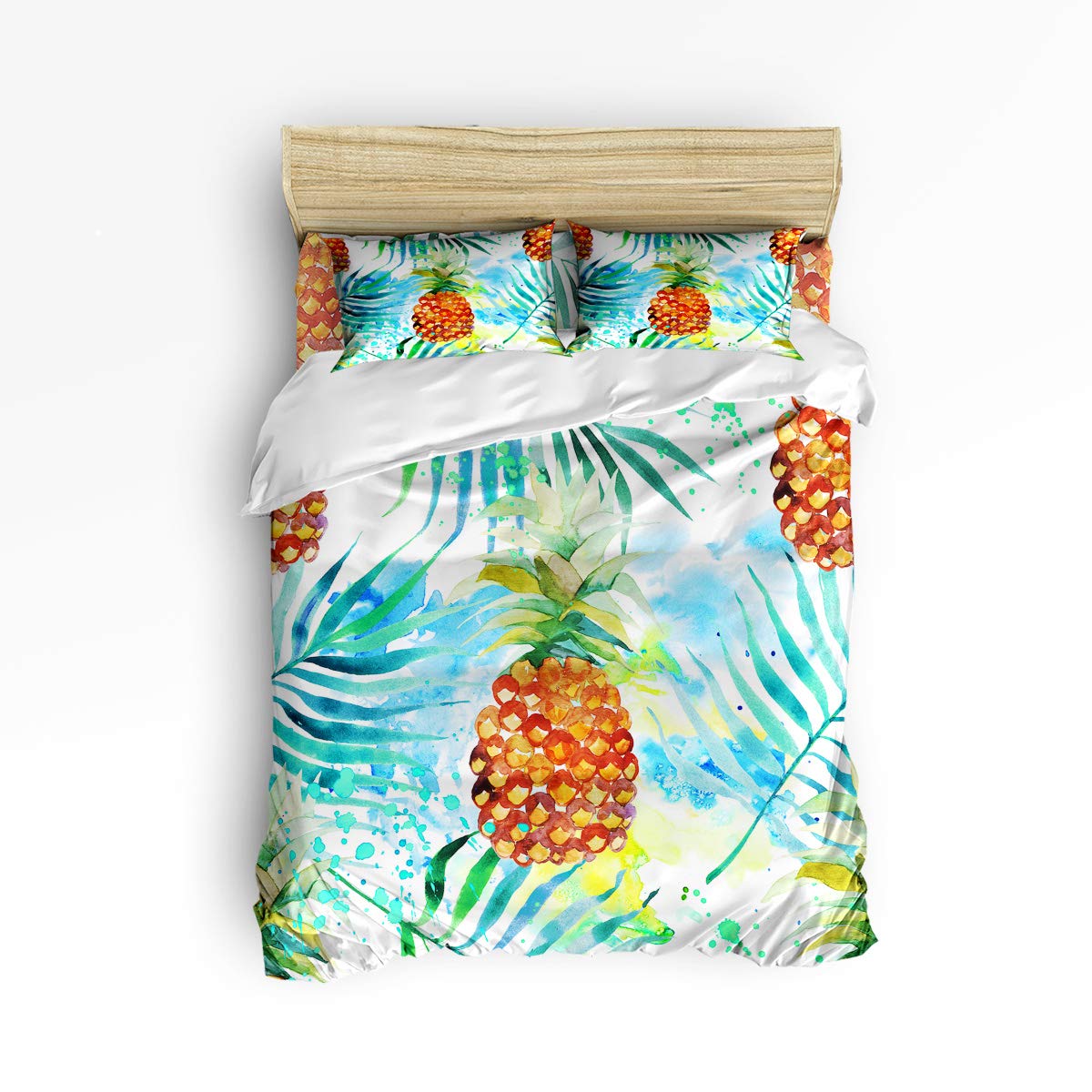 USOPHIA Twin Size 4-Piece Bed Sheet Set - Hawaiian Tropical Pineapple Watercolor 3D Floral Duvet Cover | Soft Breathable Bedding for Kids, Teens & Guest Rooms (Beach/Tropical Theme Bedroom Decor)