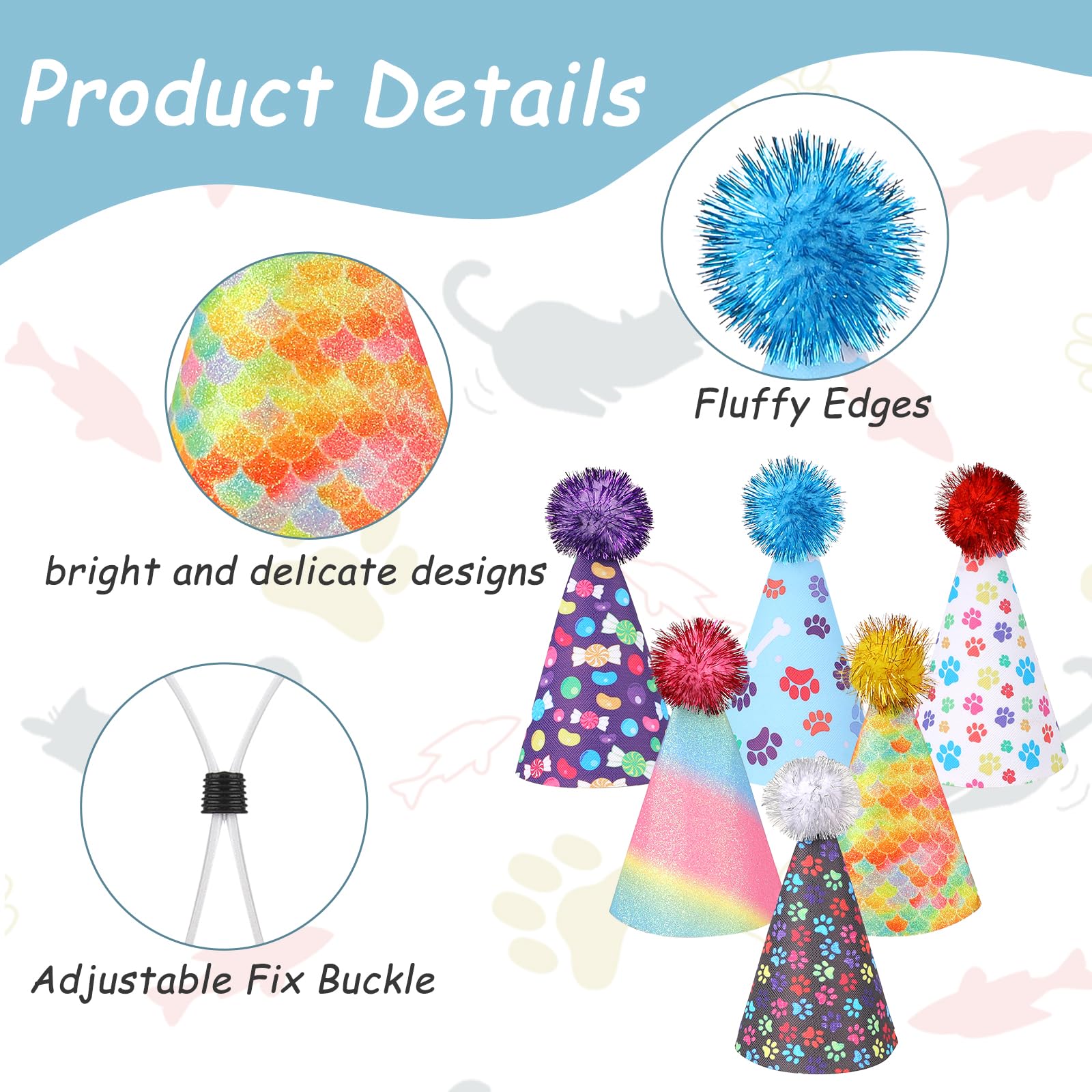 KALIONE 6 Pack Rainbow Cat & Dog Birthday Hats with Pompons - Adjustable Leather Headbands for Puppy Kitten Pet Party | Perfect for Birthday Celebrations, Photo Shoots & Pet Costume Parties