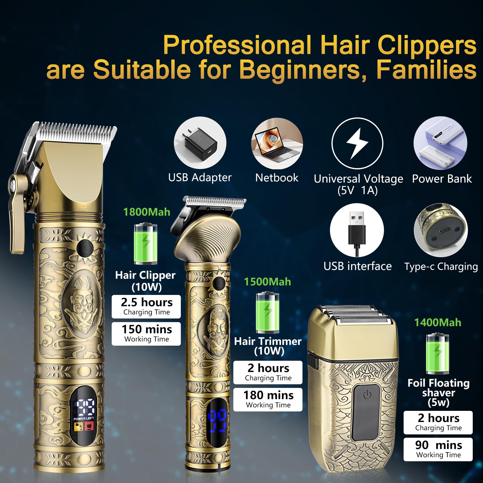 Professional Cordless Hair Clippers for Men - Gold Electric Razor & Beard Trimmer Kit with T-Blade Liners, Zero Gap Foil Shaver & Nose Trimmer | Barber-Grade Hair Cutting Tools for Home & Salon Use