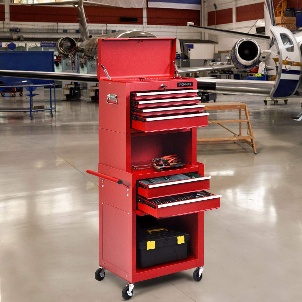 Goplus 6-Drawer Rolling Tool Chest with Auto Locking System - 3-in-1 Tool Organizer with Lockable Wheels, Sliding Drawers & Detachable Top - Heavy Duty Tool Storage Cabinet for Garage, Workshop & DIY Projects (Red) - Perfect for Mechanics, Carpenters & Home Improvement