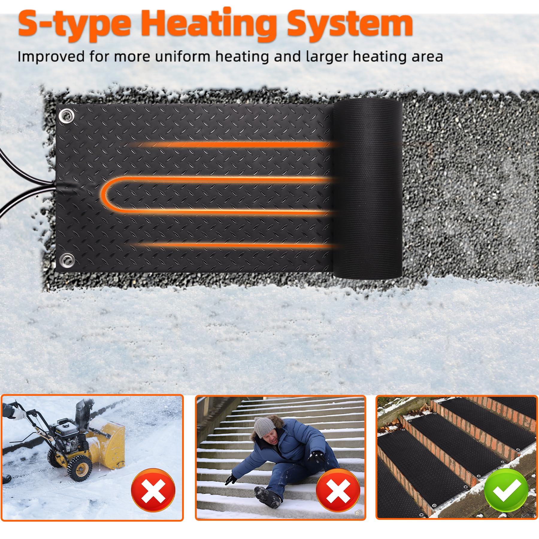 10x30ft Electric Snow Melting Mats for Outdoor Use - Anti-Slip Heated Walkway Mats for Winter - Durable Rubber Ice Melting Mats for Stairs, Steps & Floors (3PCS) - Perfect for Driveways, Patios & Entryways