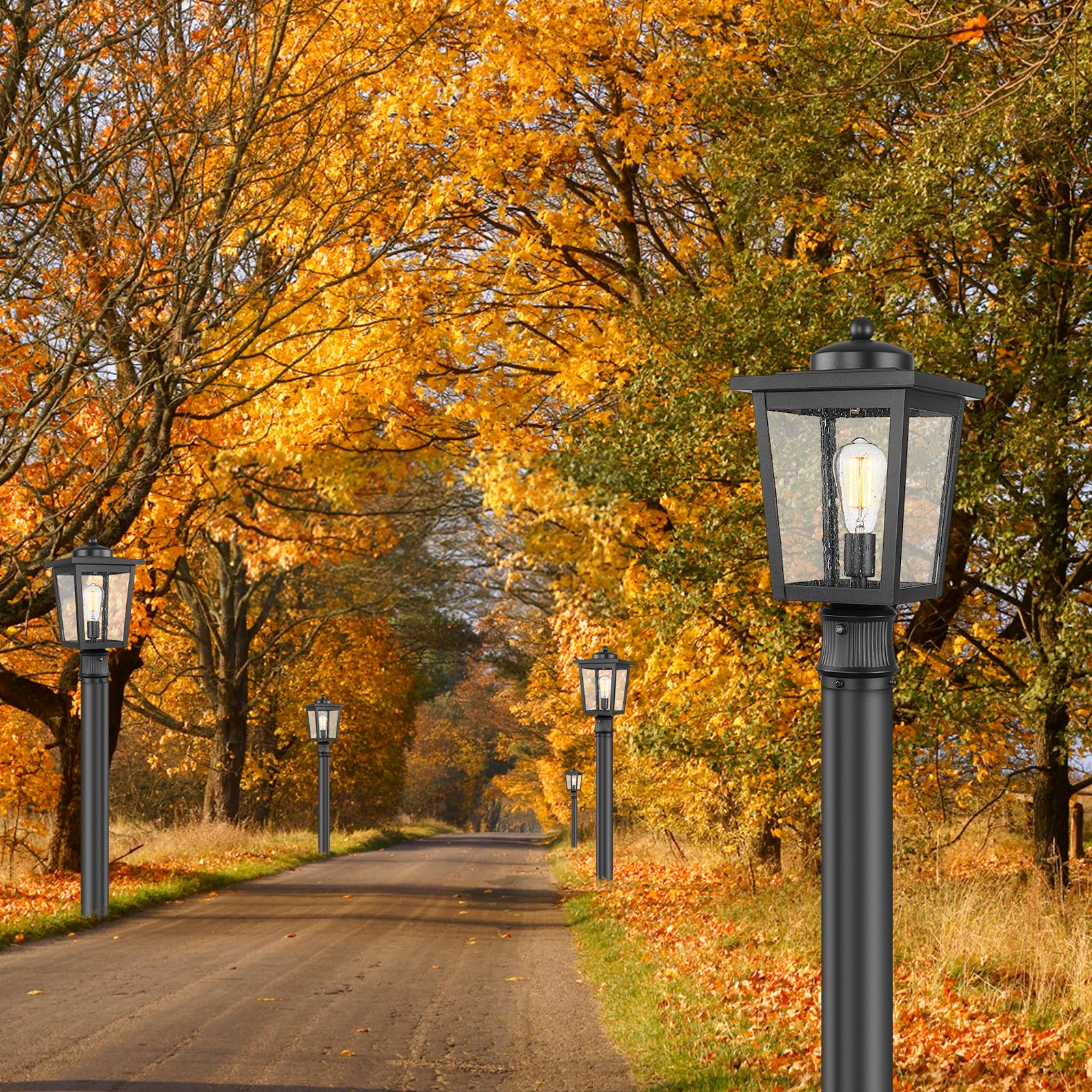Dusk to Dawn Outdoor Post Lights - Seeded Glass Lamp Post Light Fixture with Black Finish, Waterproof & Rust-Resistant Aluminum Pillar for Walkway, Driveway, Patio, Porch - Perfect for Garden, Yard, and Landscape Lighting