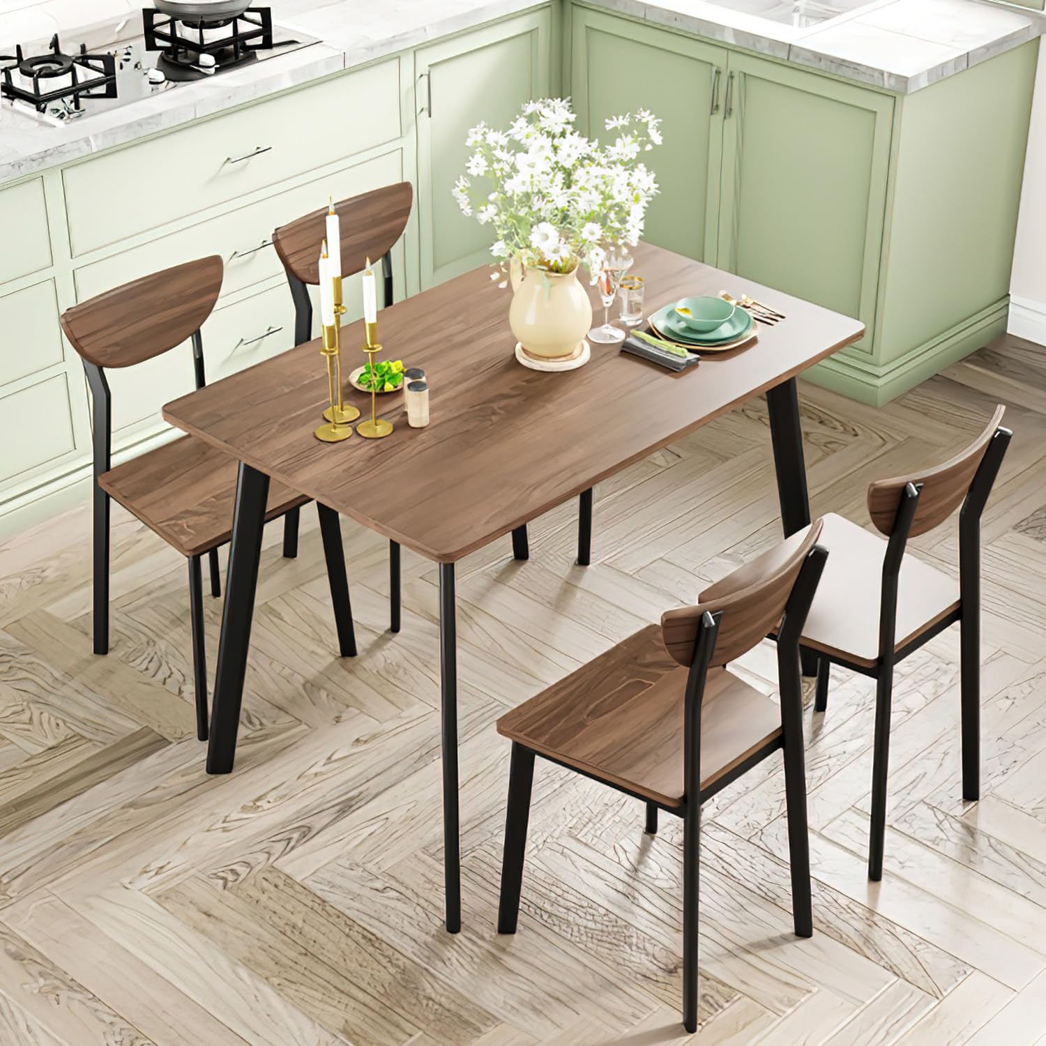 Modern 5-Piece Rectangular Dining Table Set for 4 - Brown Wooden & Metal Kitchen Table with Chairs - Perfect for Family Dinners, Parties, Afternoon Tea, Home Office & Small Space Dining Rooms (Curved Moon Design)