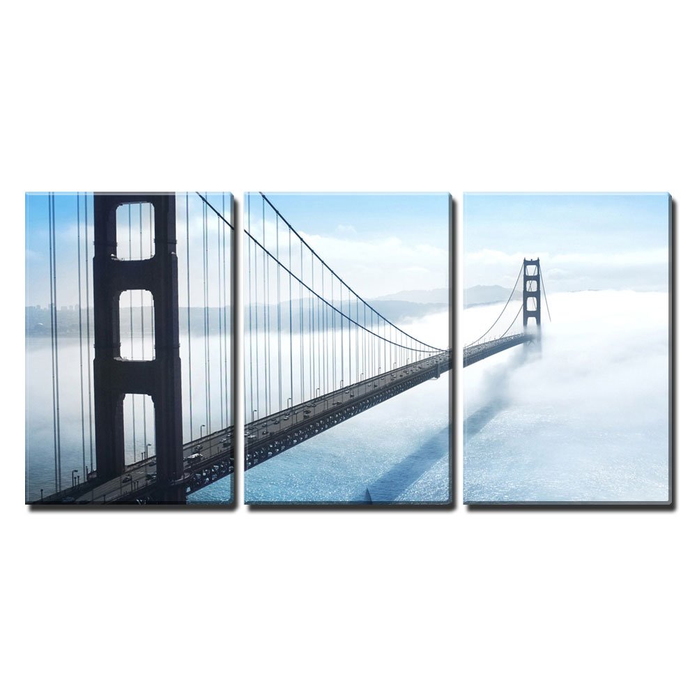 Golden Gate Bridge Foggy Day Canvas Wall Art - 3 Piece Modern Home Decor - Stretched & Framed Ready to Hang - 16x24 Inches (Set of 3 Panels) - Perfect for Living Room, Bedroom or Office Wall Decor