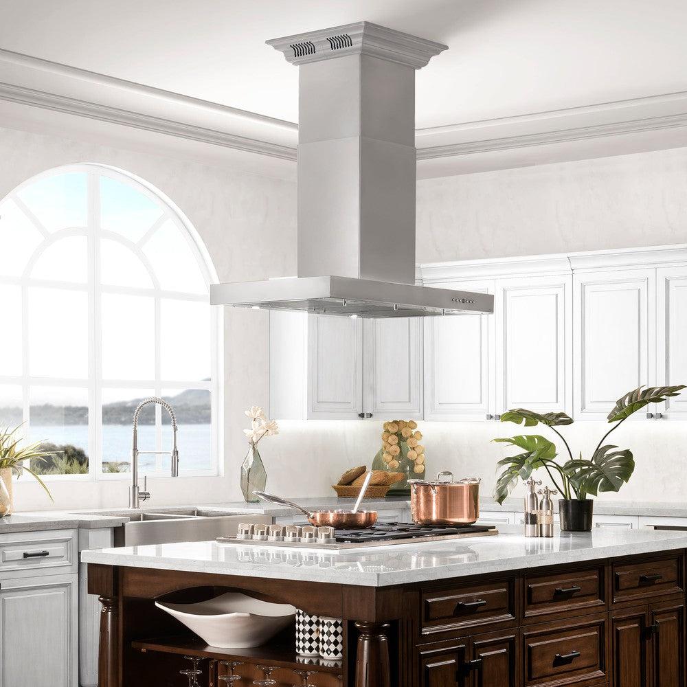 ZLINE Stainless Steel Island Mount Range Hood with Built-in CrownSound Bluetooth Speakers (KE2iCRN BT) - Perfect for Modern Kitchens & Open-Concept Homes