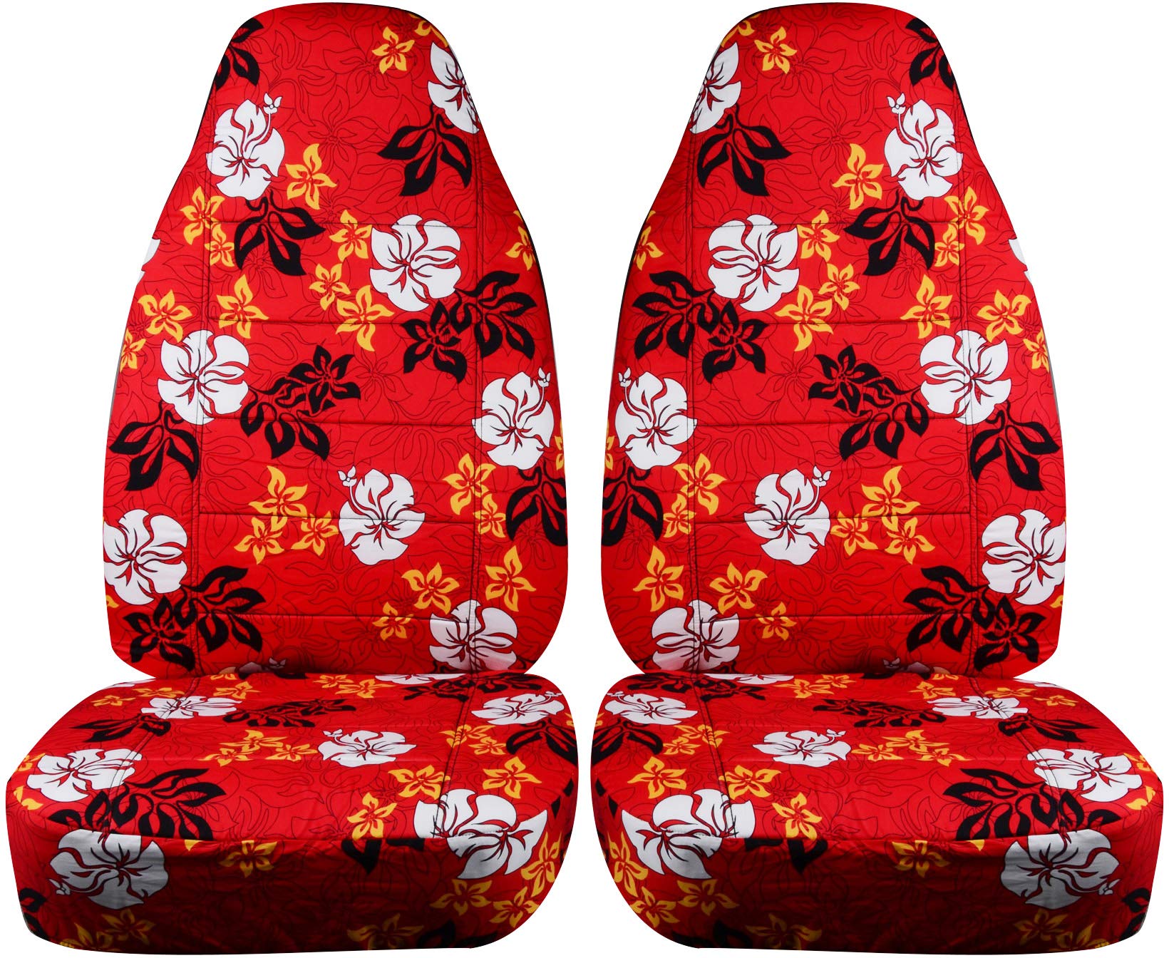 Hawaiian Flower Print Universal Car Seat Covers - Red Floral Design - Front Bucket Seat Fit - Airbag & Seat Belt Compatible - Durable & Stylish for Cars, Trucks & SUVs - Perfect for Beach Trips & Summer Road Travel