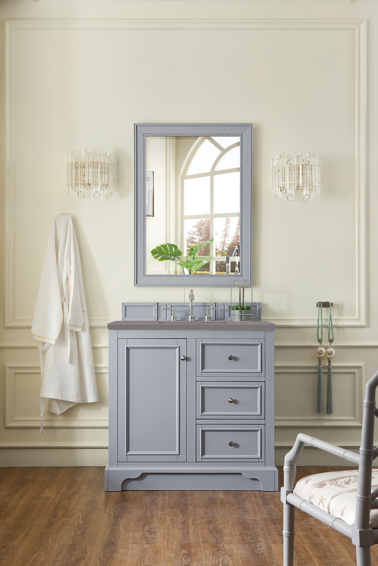 De Soto 36 Inch Single Bathroom Vanity with 3CM Grey Expo Quartz Top in Silver Gray - Perfect for Modern Bathroom Renovations and Small Space Designs