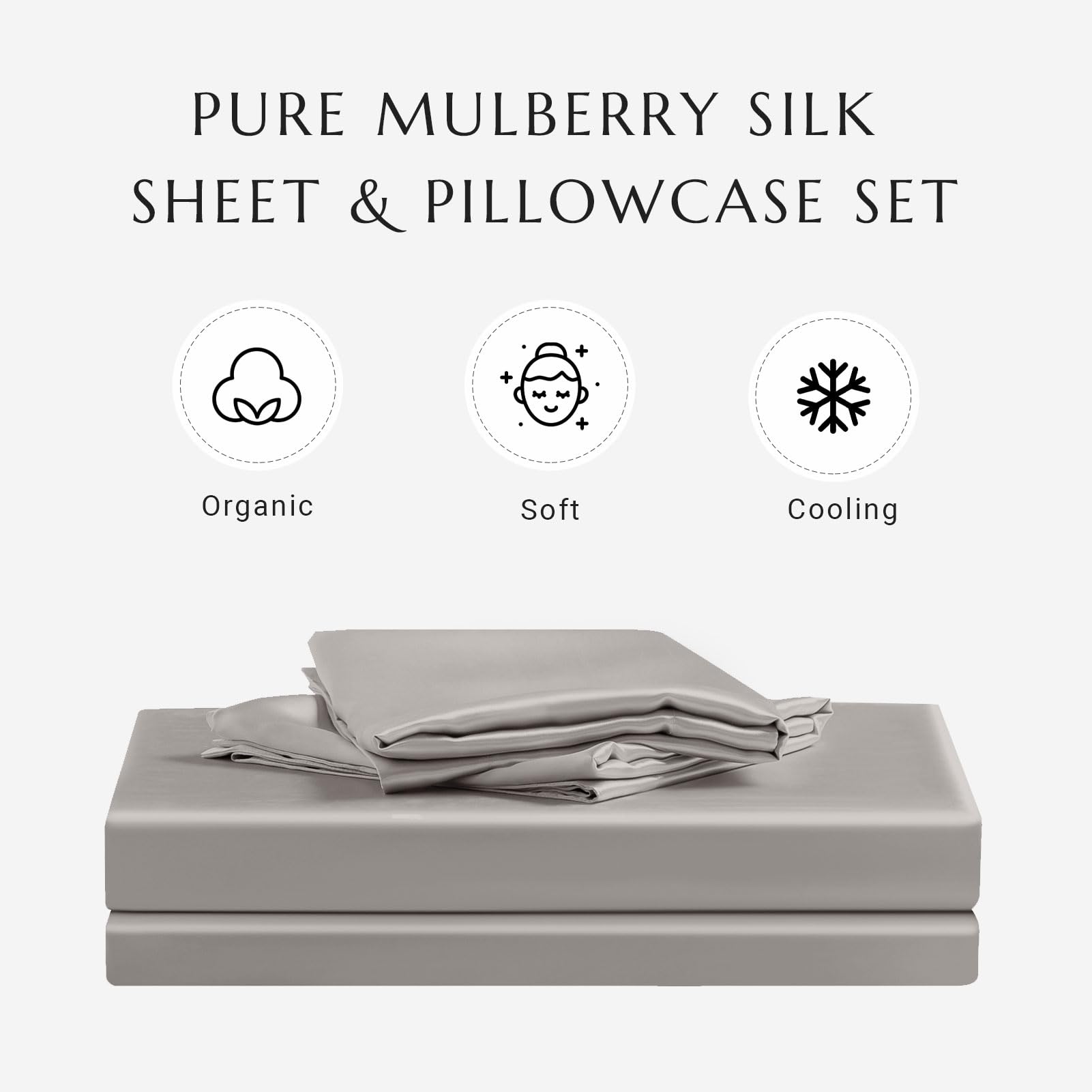 THXSILK 100% Mulberry Silk Sheet Set - 7A+ Grade Luxury Bedding (1 Duvet Cover, 1 Fitted Sheet, 2 Pillowcases) - California King Size - Soft & Breathable Grey Silk Sheets for Ultimate Comfort - Perfect for Master Bedroom, Hotel Luxury & Gift Giving