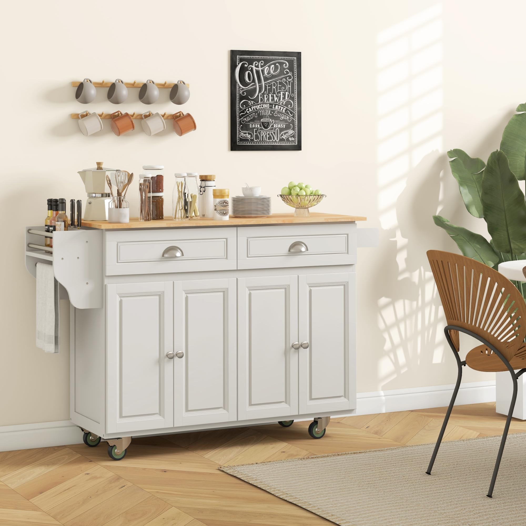 HOMCOM Rolling Kitchen Island Cart with Drop Leaf, 2 Drawers & 2 Cabinets - Mobile Kitchen Cart with Rubber Wood Top for Small Spaces - Cream White Storage Solution for Dining Room, Apartment & Home Cooking