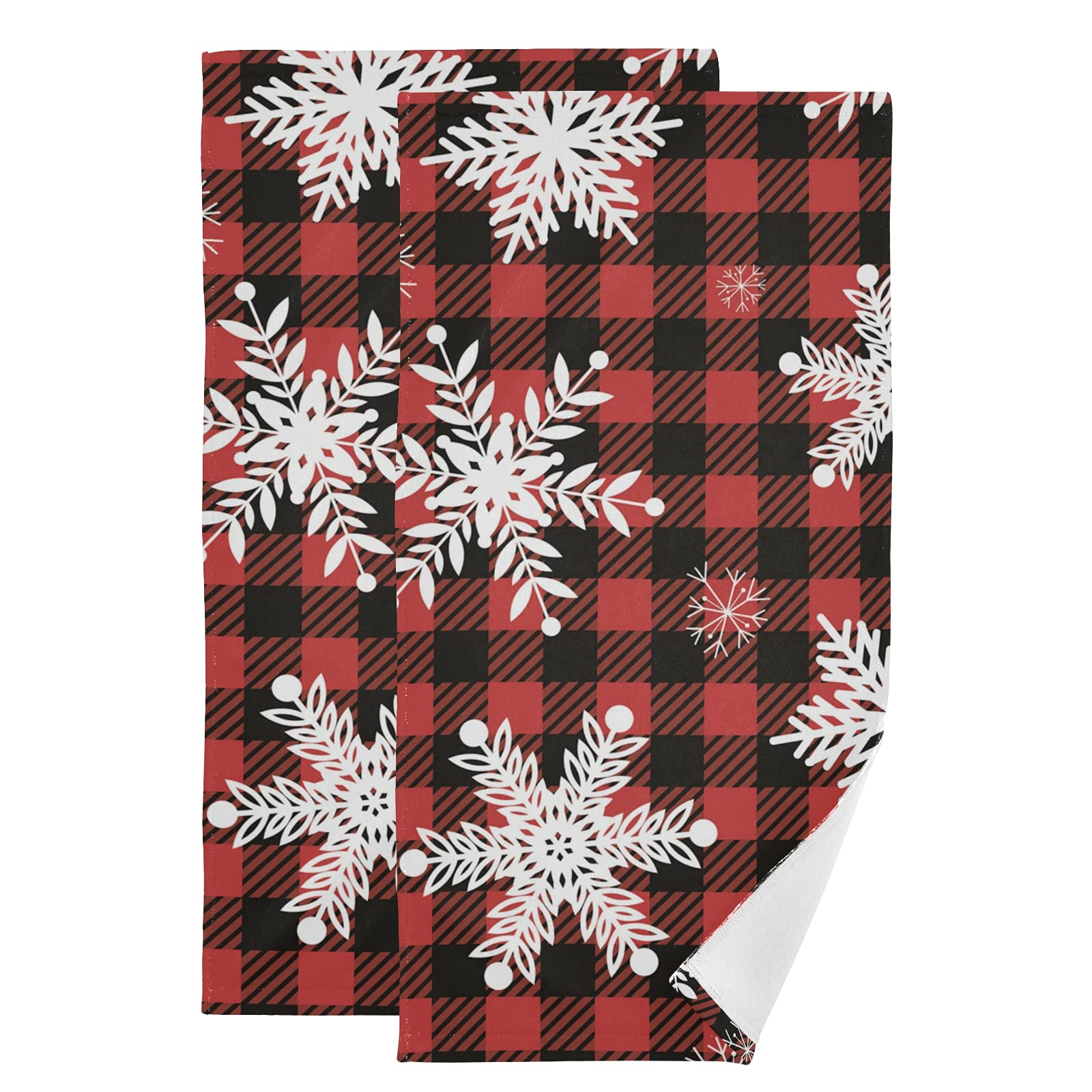 Christmas Snowflakes Red Black Buffalo Plaid Hand Towels Set of 2 - Absorbent Bath & Kitchen Towels 28x14 Inches - Soft Face & Dish Towels for Gym, Bathroom Decor - Perfect for Holiday Gifts & Home Use