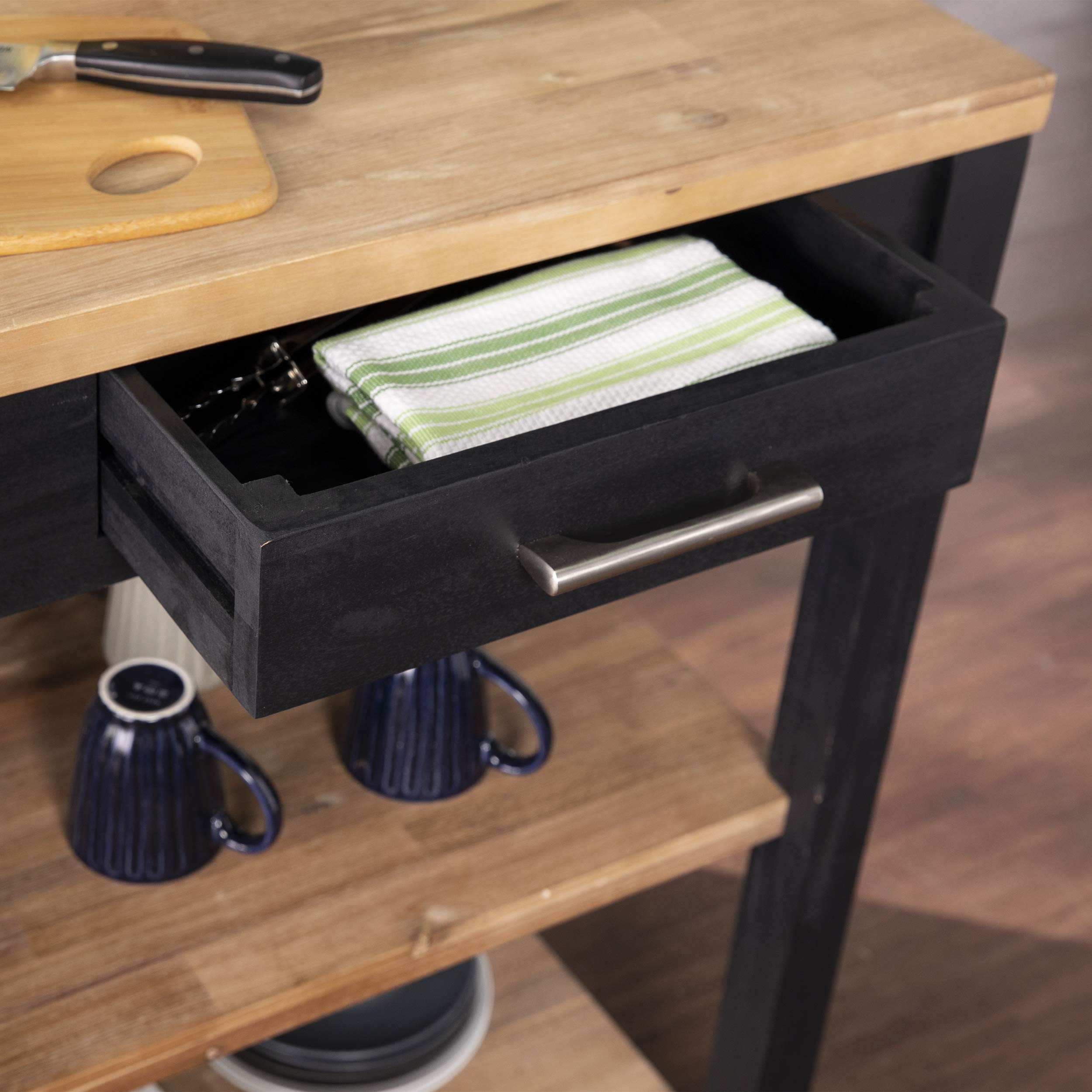 SEI Furniture Berinsly Expandable Freestanding Kitchen Island with Storage - Black & Natural Wood Finish | Perfect for Small Kitchens, Breakfast Bars & Extra Counter Space
