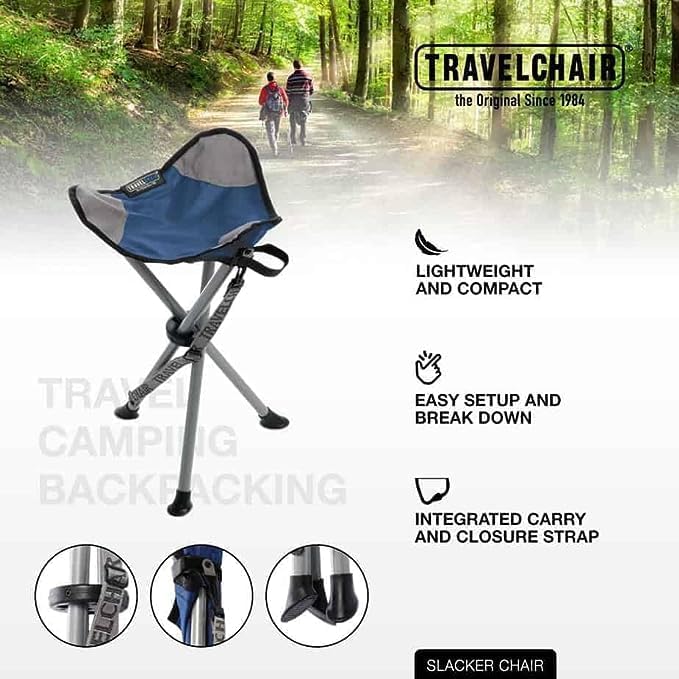 Slacker Tripod Camping Chair - Lightweight Portable Travel Chair with Adjustable Carry Strap & Oversized Duck Feet for Stability | Perfect for Hiking, Fishing, Beach, Backpacking & Outdoor Adventures | Foldable Compact Design for Easy Transport (Black)