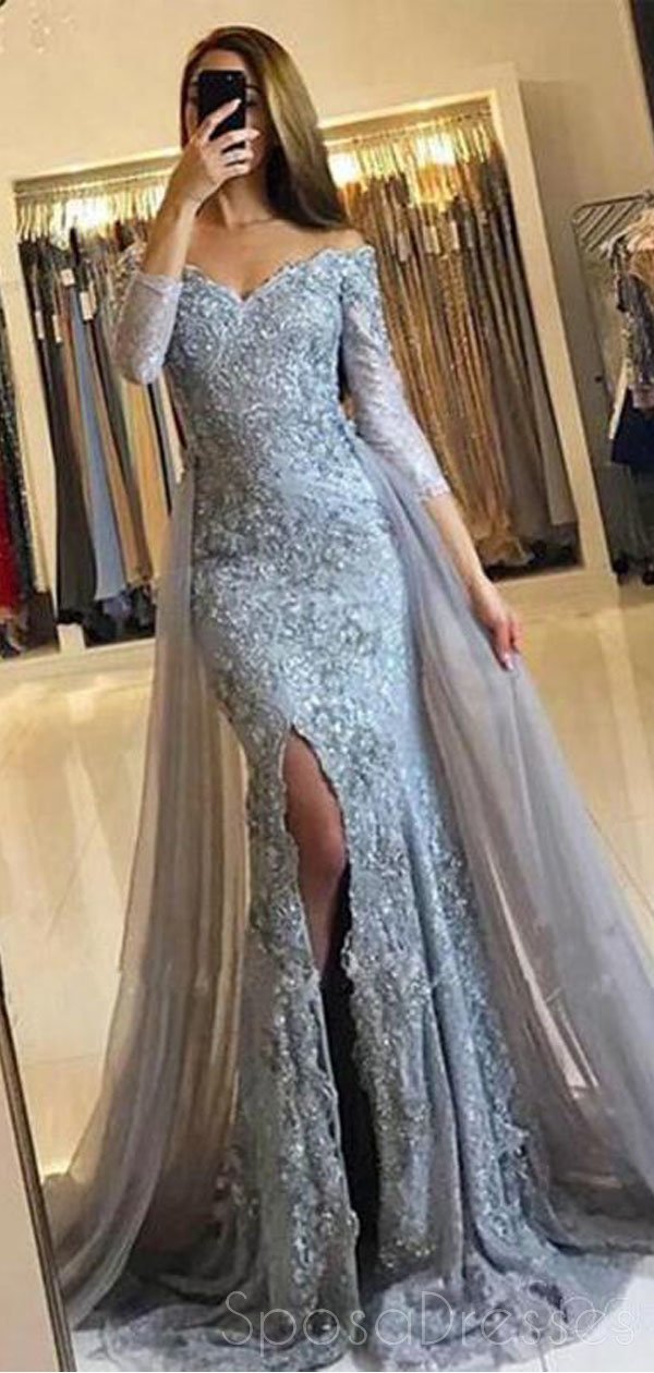 Elegant Dusty Blue Long Sleeve Lace Mermaid Prom Dress with Side Slit - 2018 Popular Evening Gown for Homecoming, Formal Parties & Special Occasions