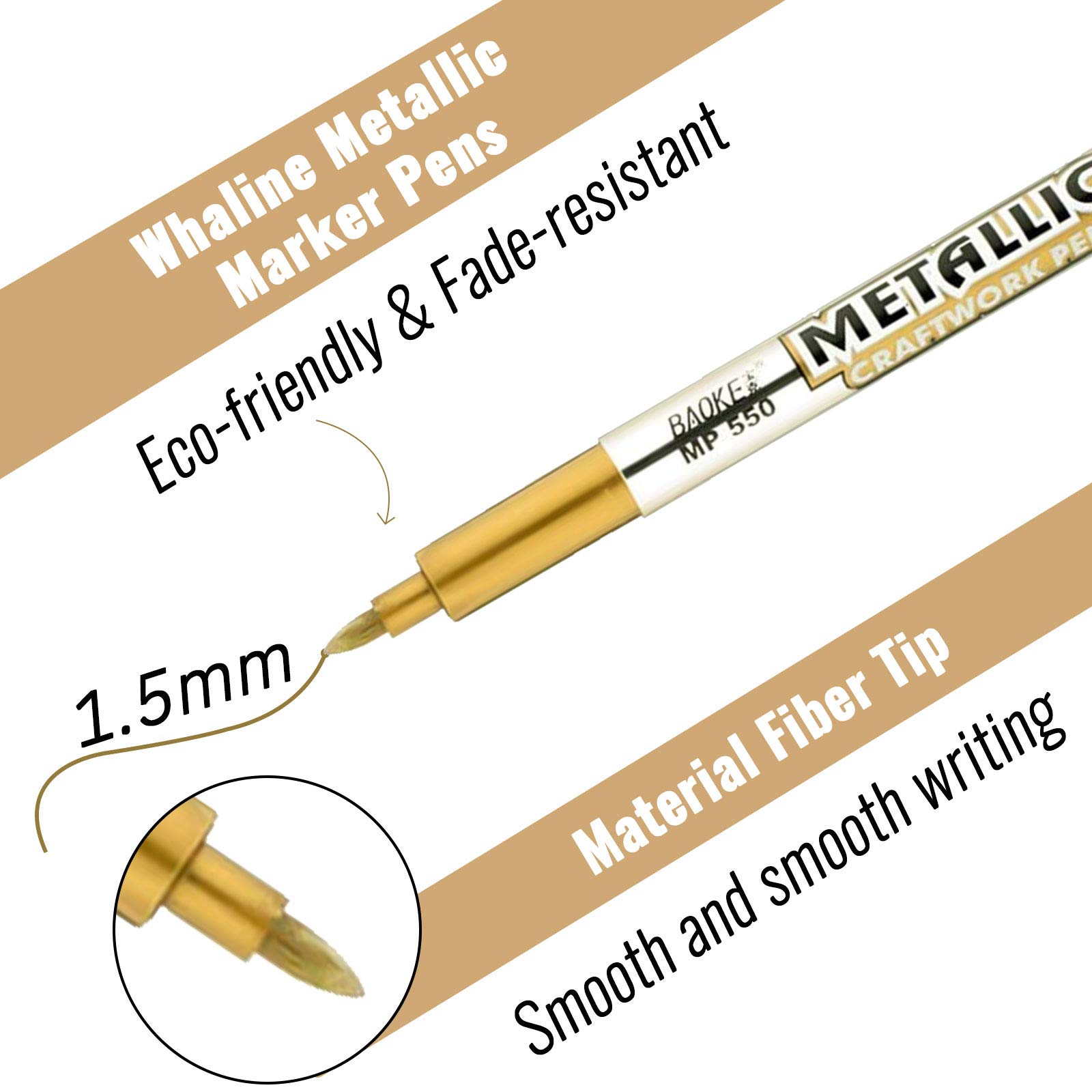 Whaline 8-Piece Metallic Gold Permanent Marker Pens Set - Fine Tip Drawing Pens for Card Making, Scrapbooking, Art Crafts, Wedding Guest Books & DIY Projects - Perfect for School, Office & Creative Gift Giving
