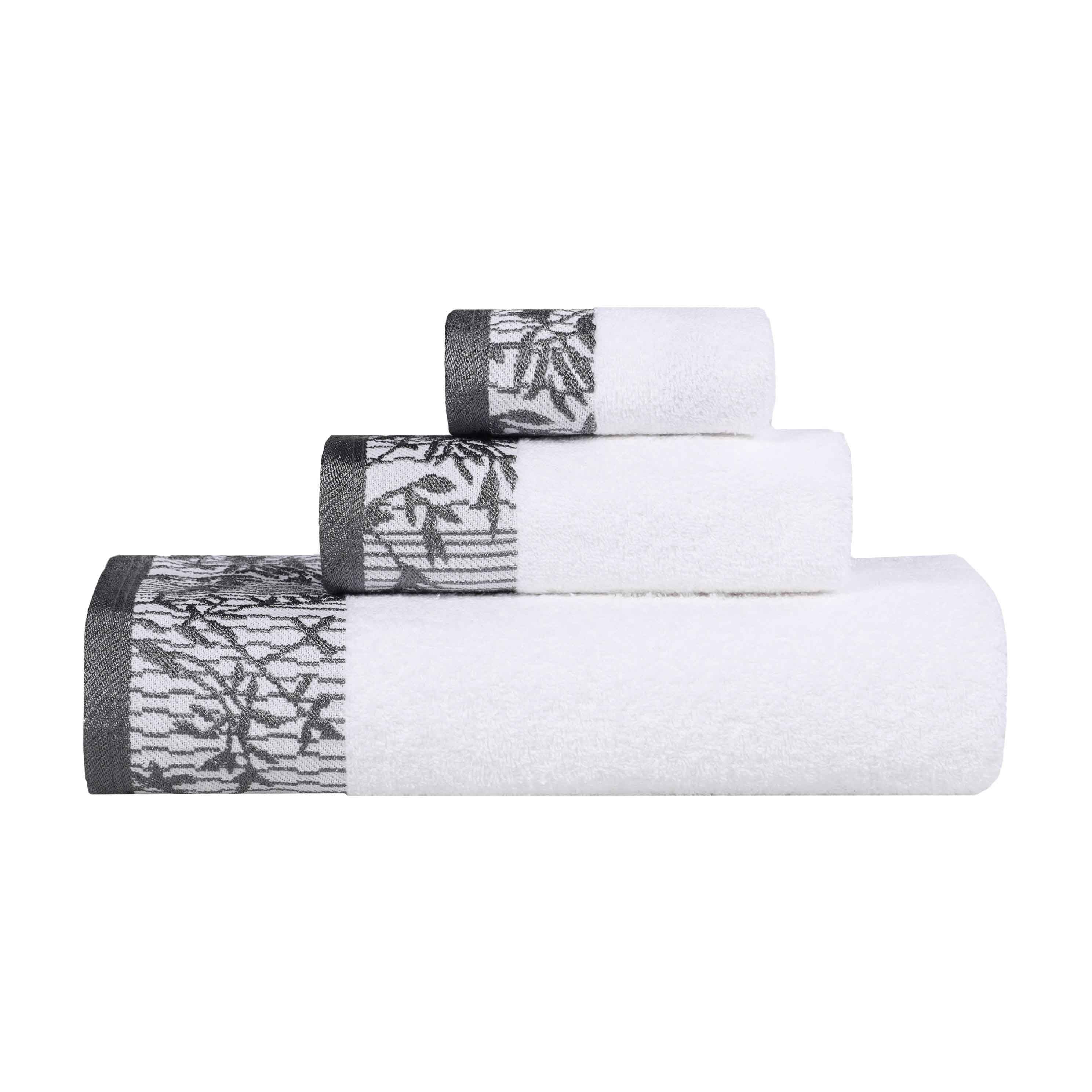 Wisteria Cotton Floral Embroidered Jacquard Border 3-Piece Bath Towel Set - Soft & Absorbent for Spa, Bathroom & Guest Room Decor