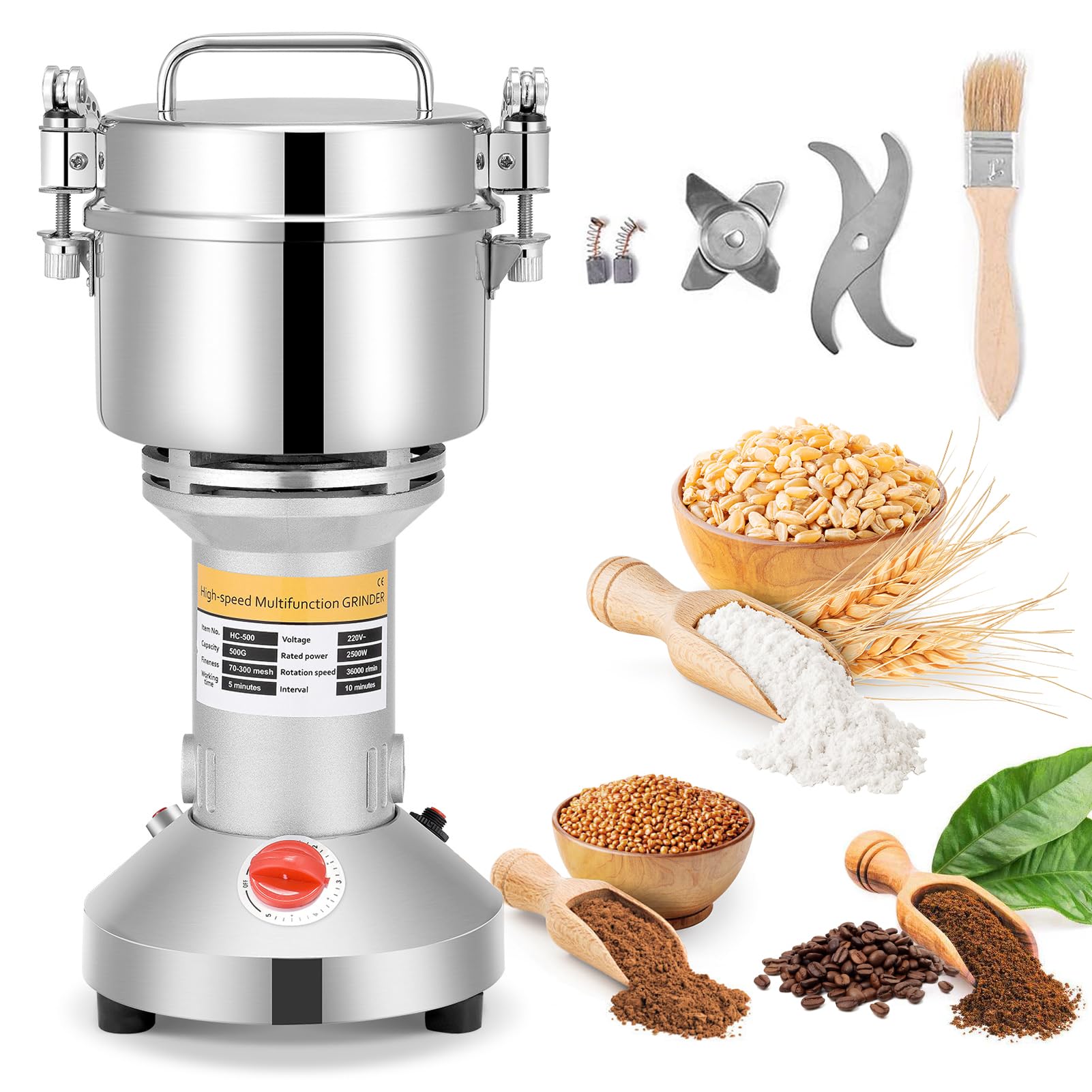 VAYOTOY 500g Electric Stone Grain Mill Grinder - 36000RPM High Speed Stainless Steel Dry Grain Grinder for Wheat, Cereals & Spices - Perfect for Home Baking, Coffee Grinding & Healthy Cooking