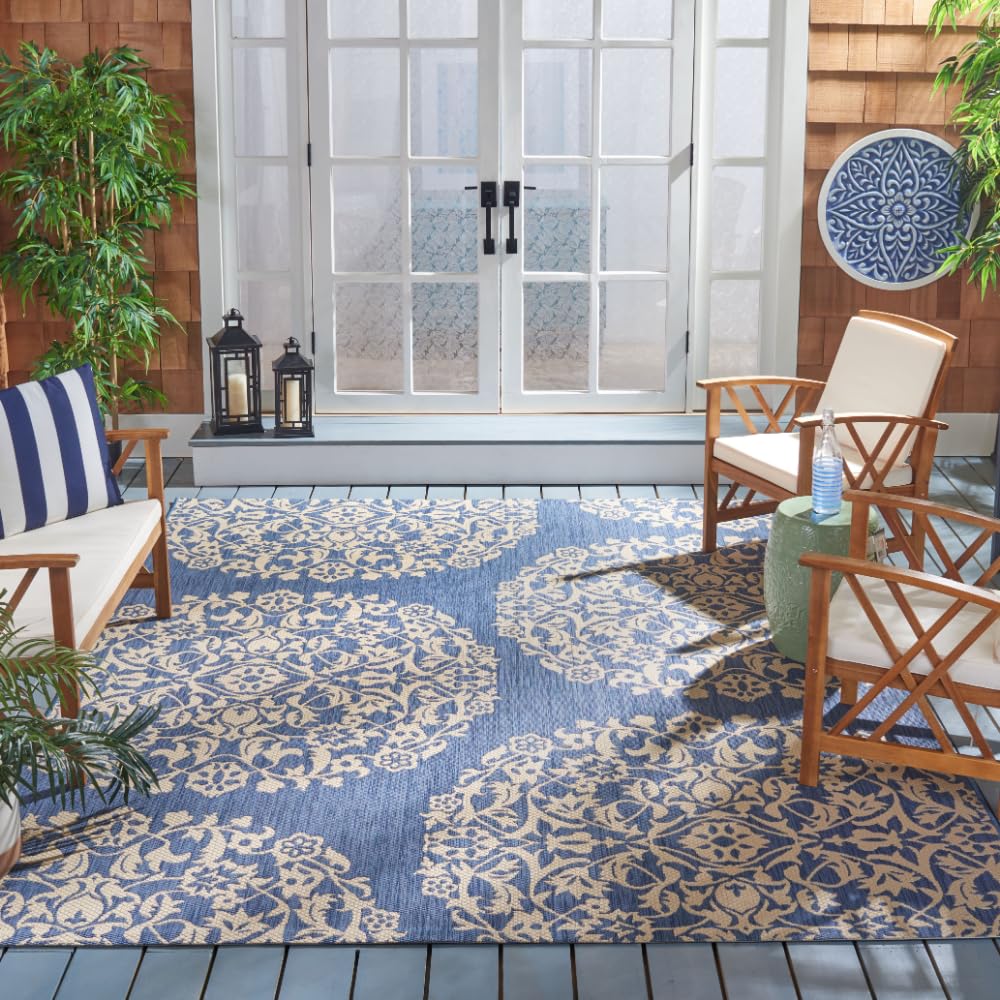 SAFAVIEH Courtyard Collection 8' x 10' Blue & Ivory Indoor Outdoor Rug - Waterproof, Easy Clean, Stain Resistant for Patio, Backyard, Mudroom, Deck & Poolside Use