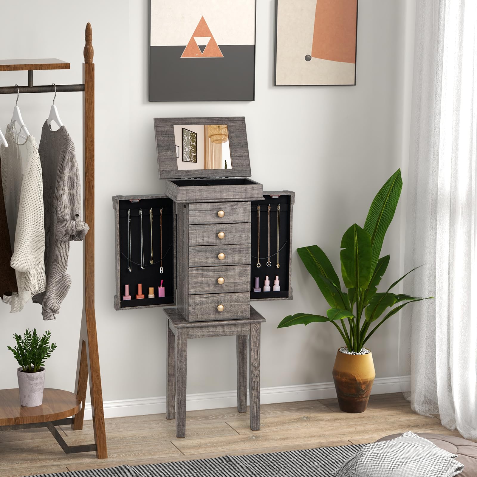 CHARMAID Gray 5-Drawer Jewelry Armoire with Full-Length Mirror, Swing Doors & Necklace Hooks - Large Standing Jewelry Organizer Cabinet for Bedroom, Closet & Dressing Room
