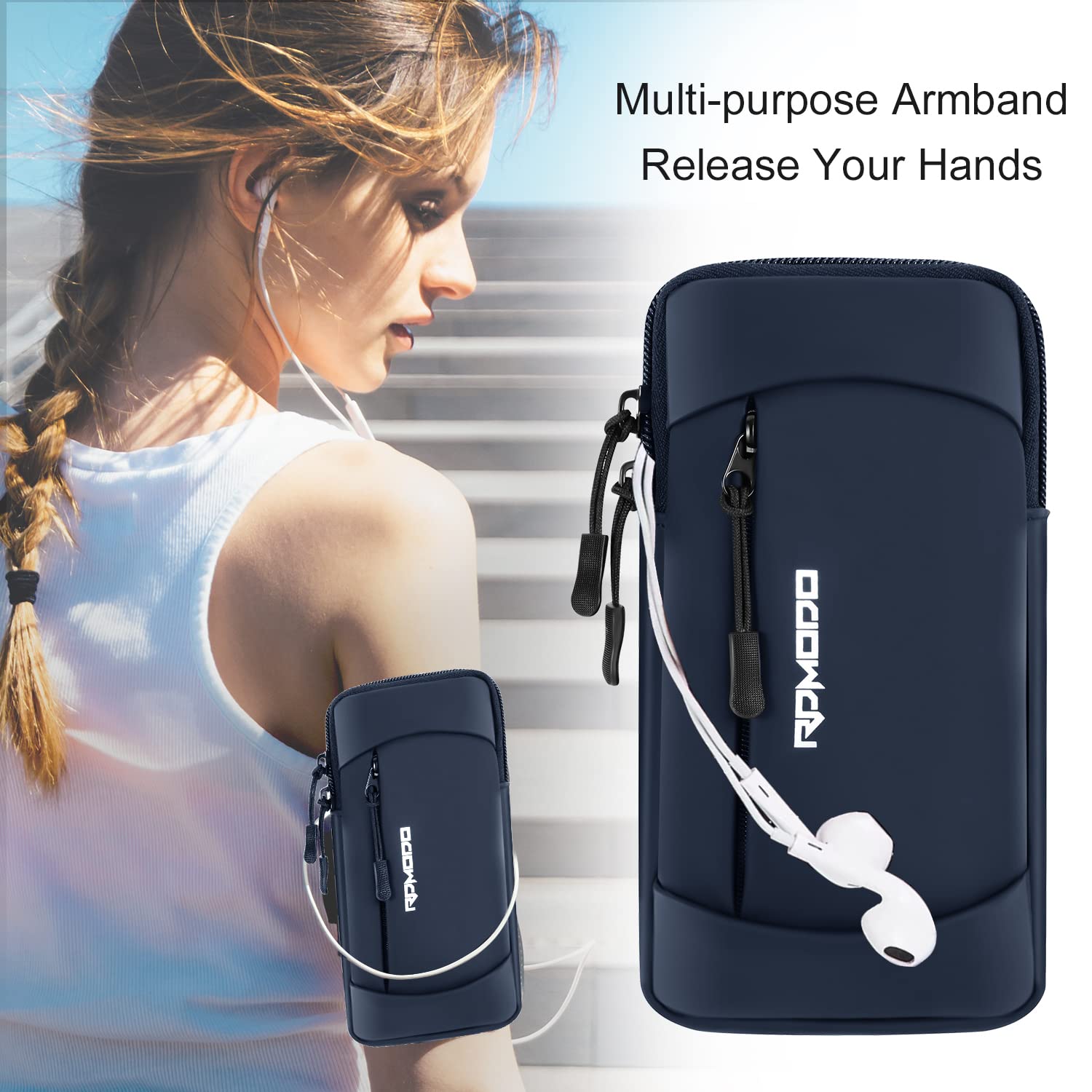 Adjustable Running Armband Phone Holder for iPhone 12/13/14/15 Pro Max & Samsung - 2-Pocket Elastic Workout Armband for Phones Under 7.5 Inches (Blue) - Perfect for Jogging, Gym, Hiking & Outdoor Activities