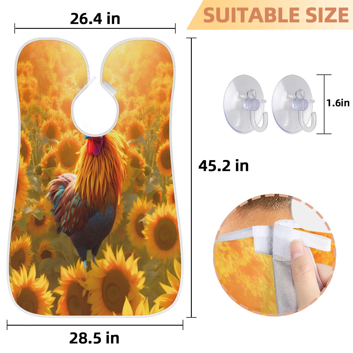 Rooster Flowers Sunflower Beard Shaving Bib for Men - Waterproof Hair Dye Apron & Barber Cape for Haircut, Beard Trimming & Makeup - Sink Hair Catcher & Styling Tool - Perfect Gift for Barbers & Grooming Enthusiasts (Great for Home Salon, Barber Shops & DIY Grooming Sessions)