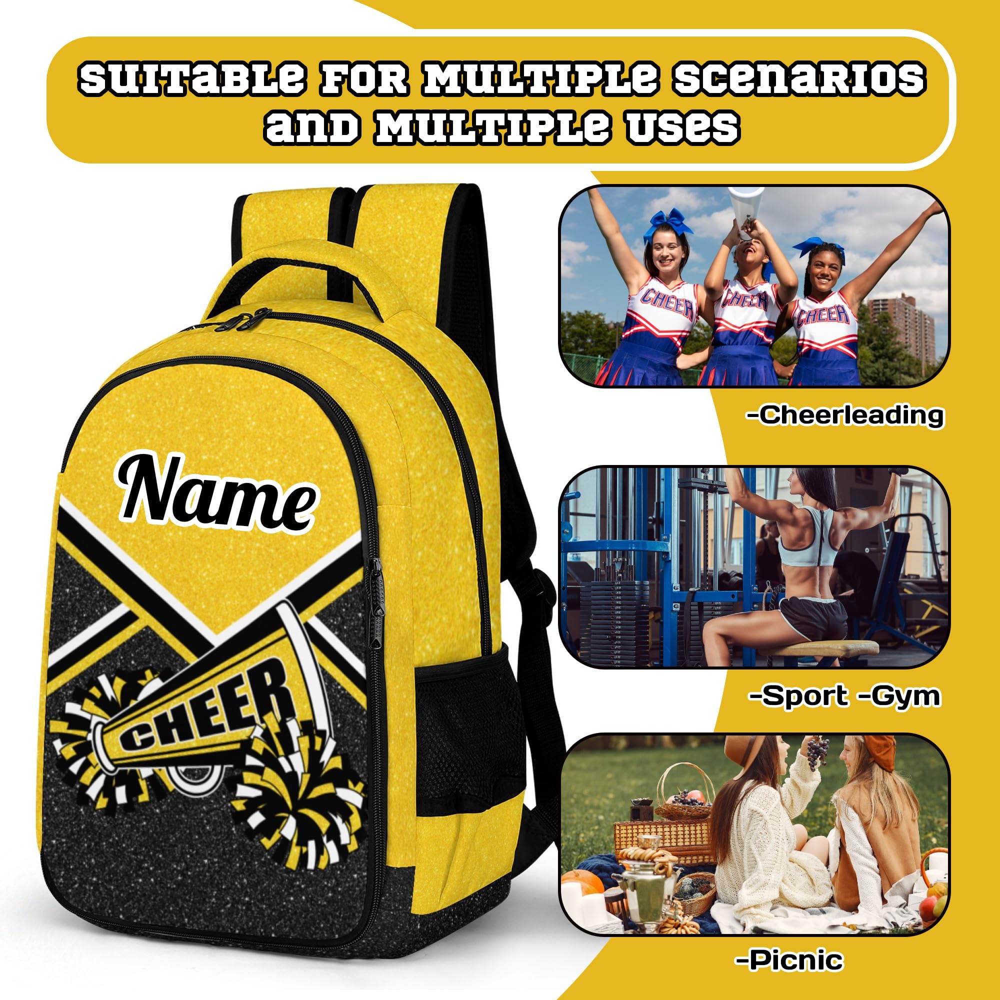 Custom Cheerleader Backpack with Name - Personalized Cheerleading Backpack for Women & Girls - Gold Glitter Sports Bag for Gym, School, and Cheer Competitions