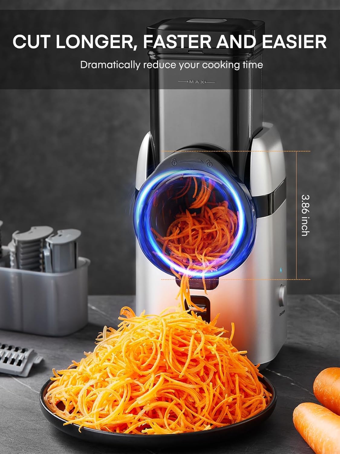 FOHERE Electric Cheese Grater - 5-in-1 Multi-Function Food Processor with Large Feed Chute, Replaceable Blades & Storage Box - Perfect for Shredding Cheese, Vegetables, Potatoes, Nuts & More - Ideal for Kitchen, Cooking, Meal Prep & Party Platters