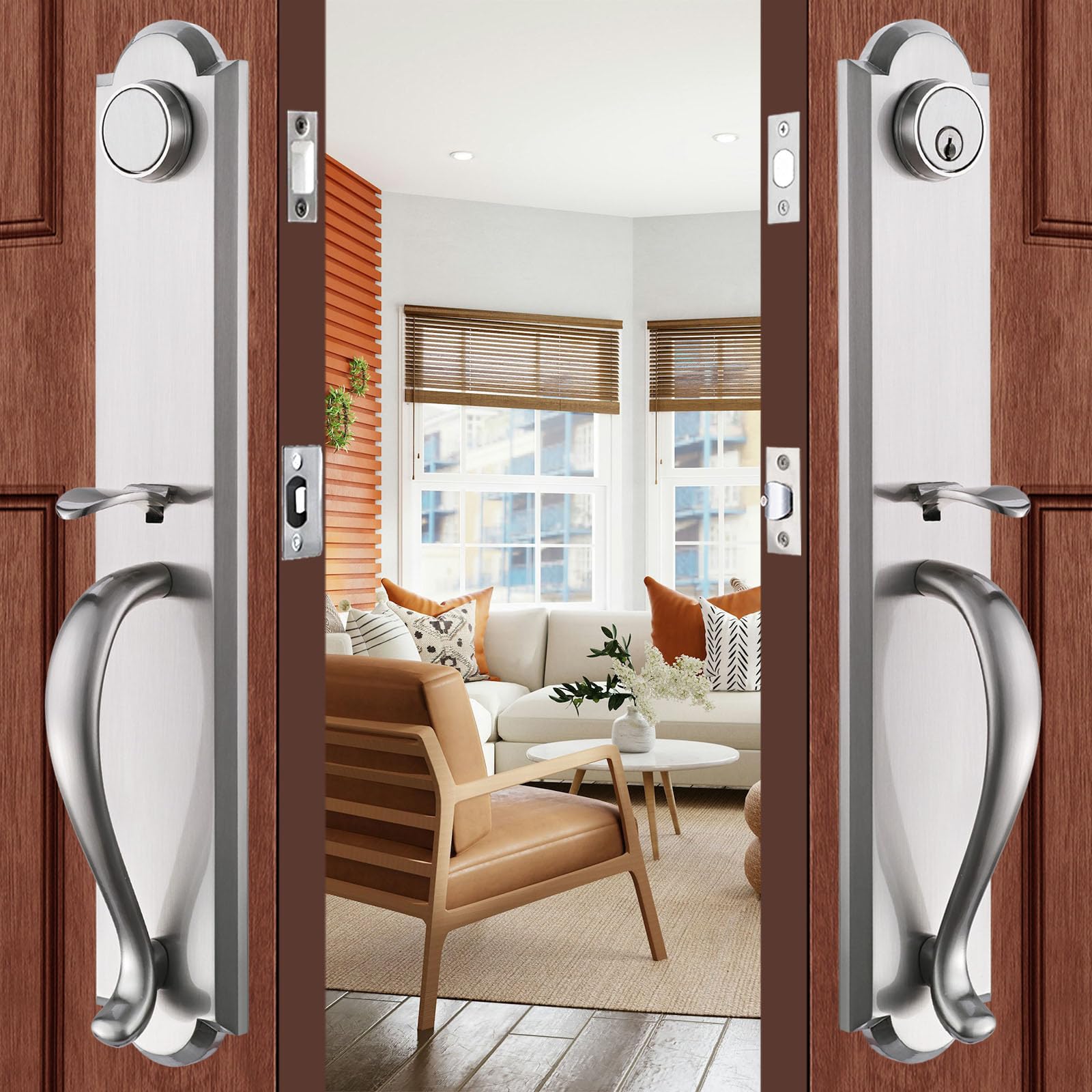 Front Door Handle Double Door Lock Set with Camelot Trim in Satin Nickel - Secure Entry Handle with Deadbolt & Lever (X-2018SET) for Home, Office & Commercial Buildings