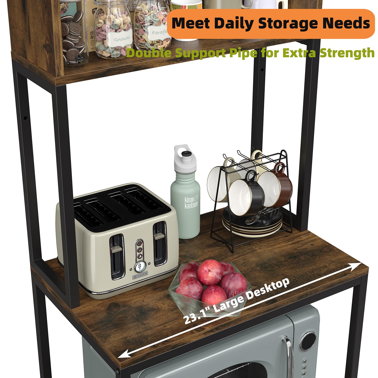 Industrial 5-Tier Kitchen Bakers Rack with Power Outlet & Storage - Rustic Brown for Coffee Bar & Microwave Stand