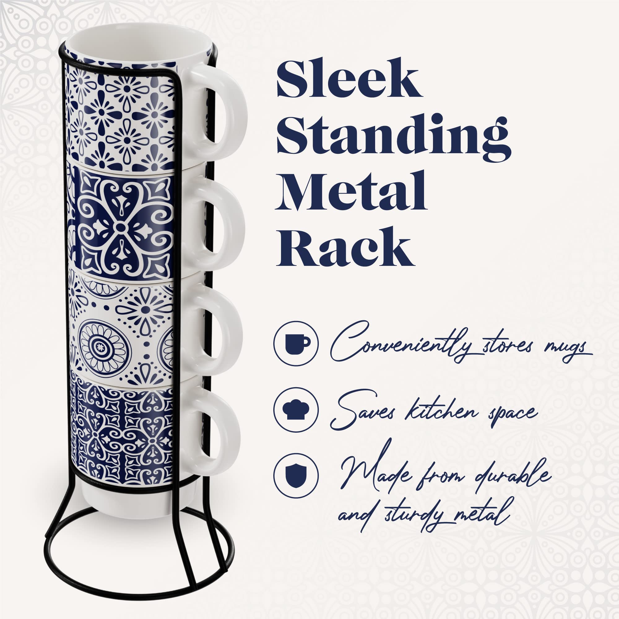 American Atelier 4-Piece Ceramic Coffee Mug Set with Stackable Rack – 14oz Medallion Blue Design – Perfect for Home, Office, or Gift Giving