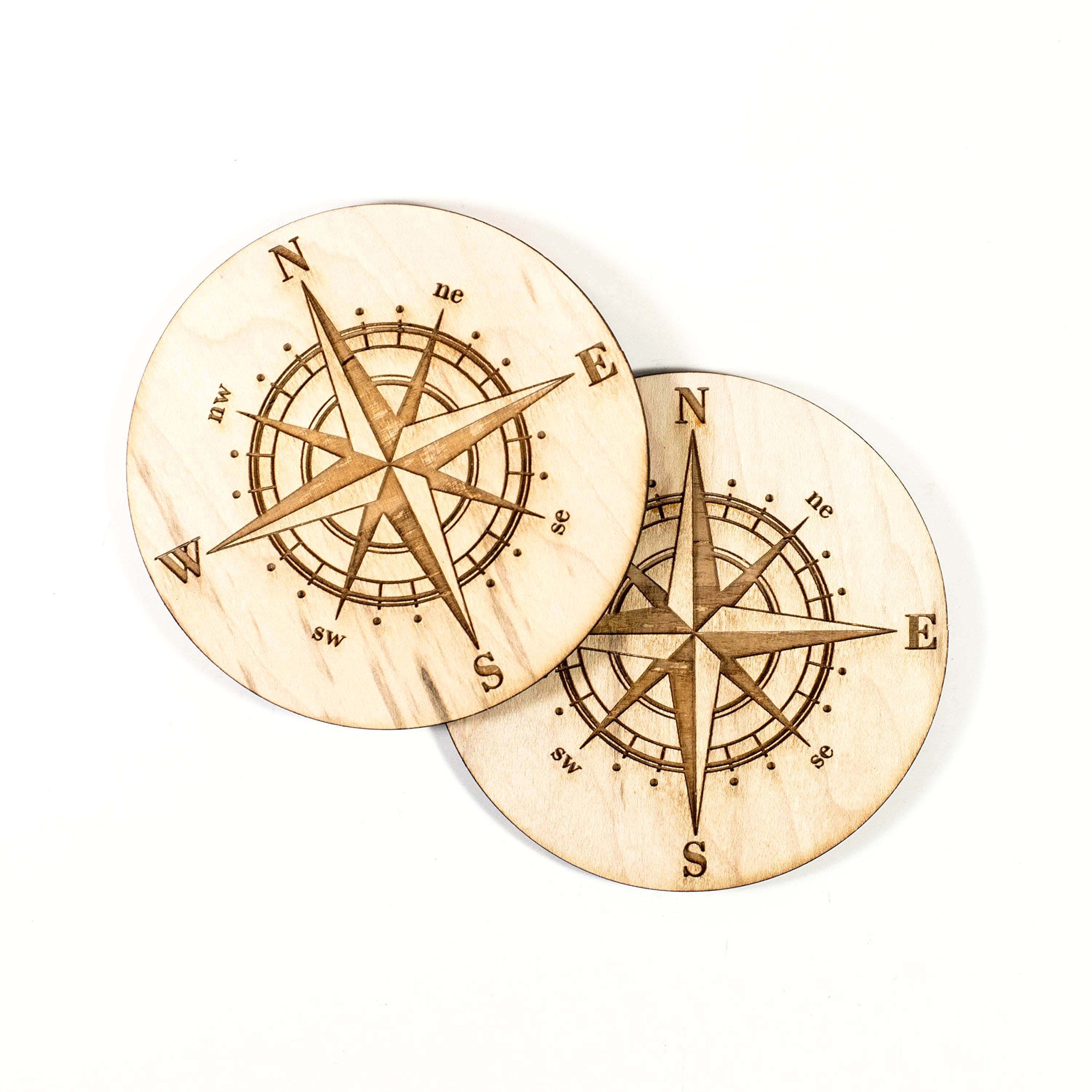 Compass Rose Coaster Set of 2 - Natural Raw Wood Drink Coasters for Home & Office Bar Decor - Perfect for Coffee, Wine, and Beverage Protection