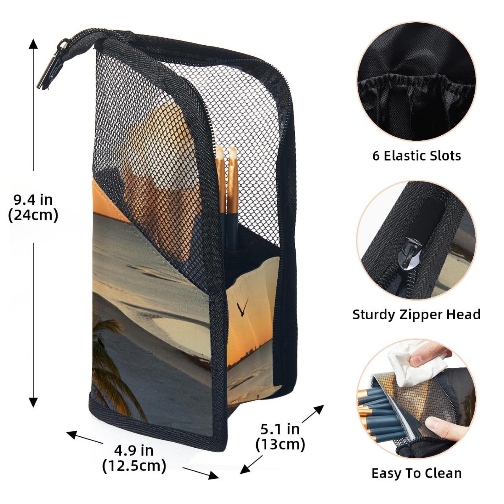 Premium 12-Piece Makeup Brush Organizer Bag with Beach Sunset Design - Portable Cosmetic Brush Holder Case for Travel, Home & Professional Makeup Artists