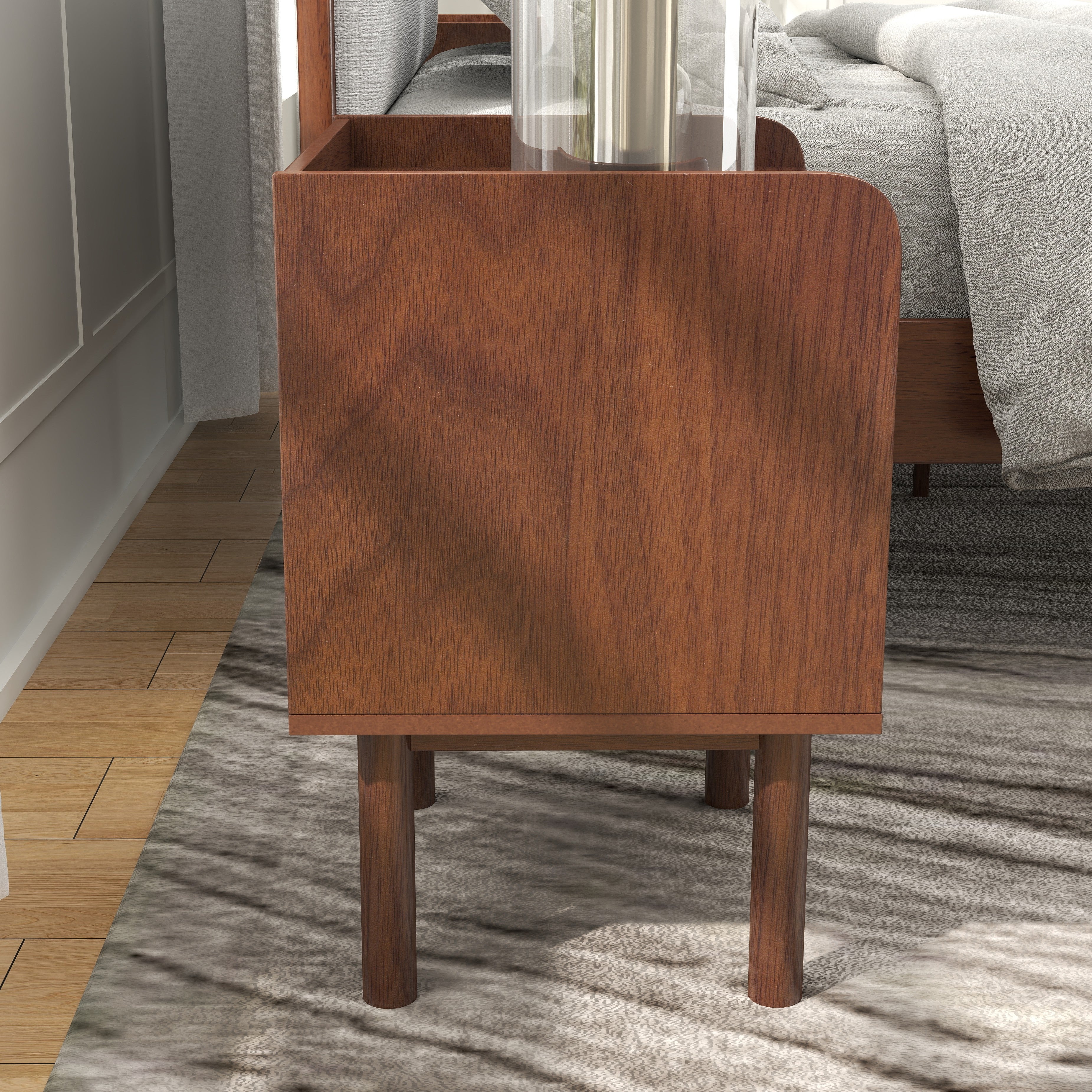 Roundhill Furniture Wyller 2-Piece Queen Bedroom Set - Platform Bed with Nightstand in Natural Walnut Finish | Perfect for Modern & Minimalist Bedroom Decor
