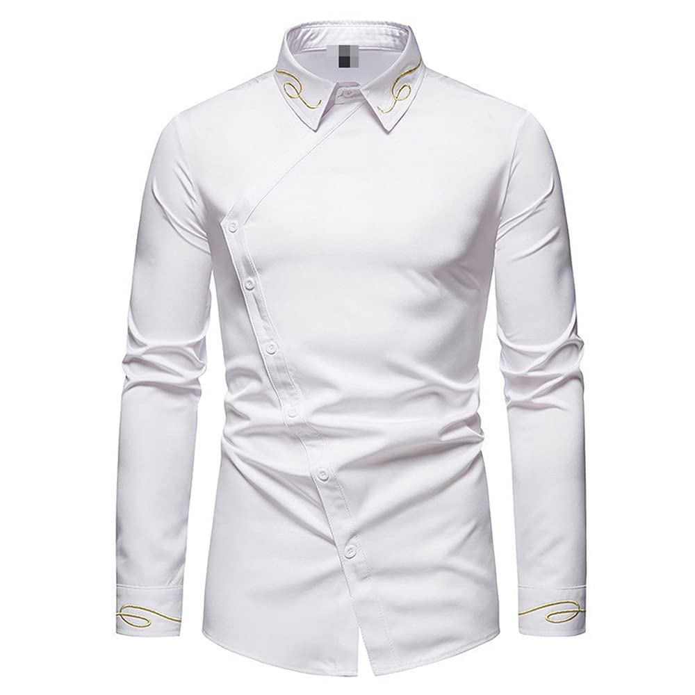 Hollow Men's Embroidered Asymmetrical Long Sleeve Western Denim Shirt - Slim Fit Casual & Social Dress Shirt for Men - Perfect for Date Nights, Parties, and Western-Themed Events