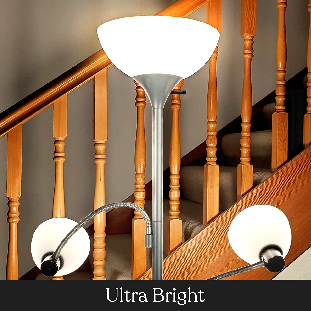 Brightech Sky Dome Double LED Floor Lamp - Super Bright Torchiere with 2 Adjustable Reading Lights, Dimmable Standing Lamp for Living Room, Bedroom & Office - Tall Silver Pole Floor Light for Reading, Working & Relaxing