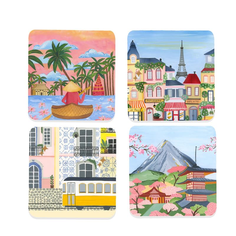 Vibrant Spring Color Drink Coasters Set of 4 - 3.5 Inch Square Absorbent Tile Table Mats for Coffee Tables, Kitchen Countertops & Dining Room Decor - Perfect for Home Entertaining and Protecting Furniture