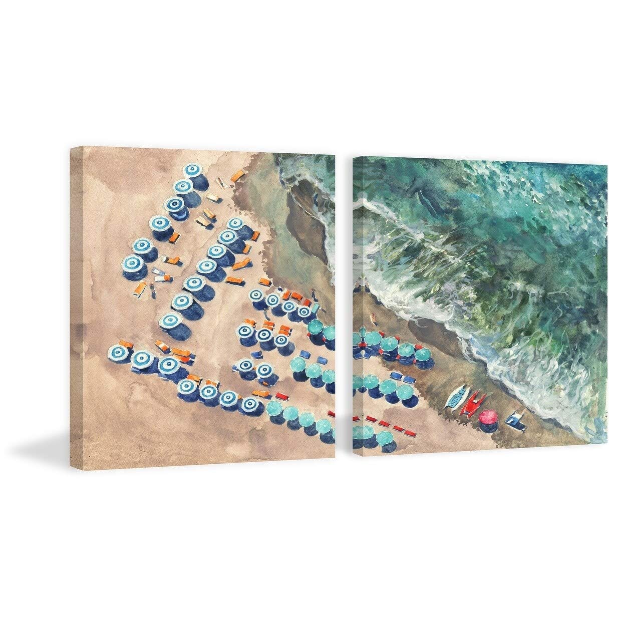 Handmade Blue Beach Umbrellas II Diptych Wall Art - 24x12 Inches Coastal Decor for Living Room, Bedroom & Office - MARMONT HILL