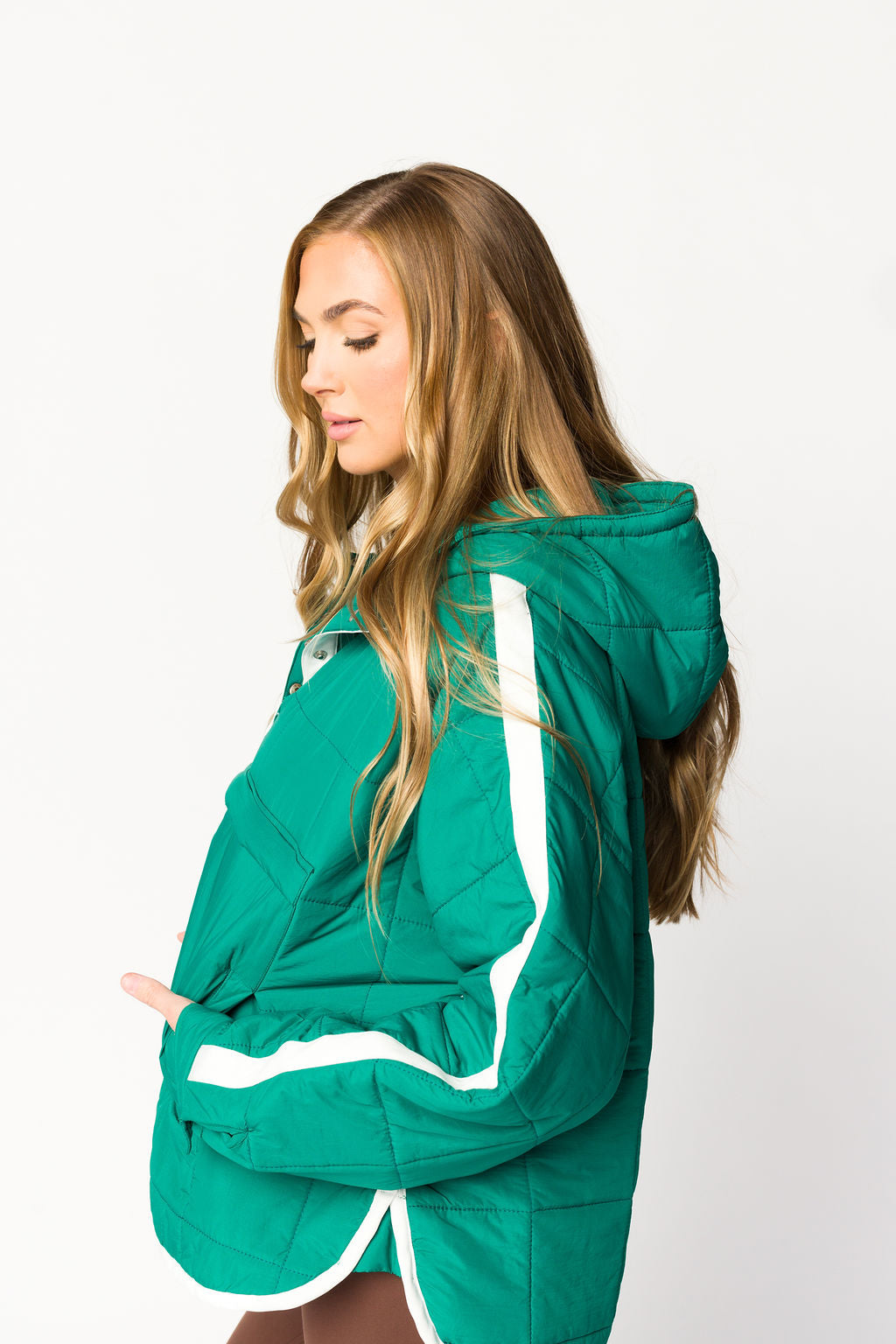 Joanna Quilted Puffer Pullover Jacket for Women - Warm Winter Hooded Coat in Hunter Green/White | Outdoor Hiking, Skiing & Casual Wear