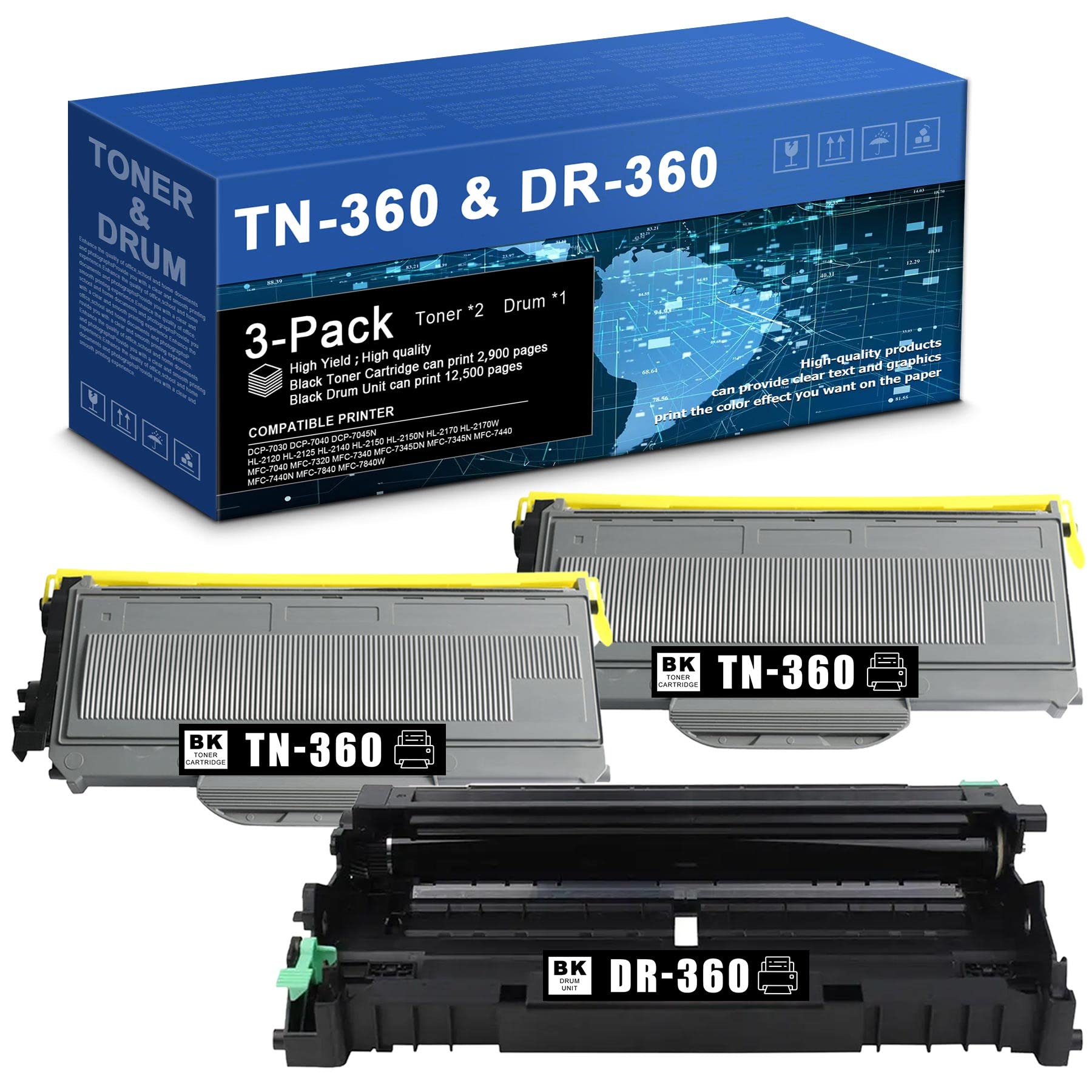 TN-360 DR-360 Compatible 3-Pack (2 Toner + 1 Drum) - Black Replacement Toner Cartridge & Drum Unit for Brother TN-360/DR-360 - Works with HL-2120, HL-2150, MFC-7345N, MFC-7440N, DCP-7320, DCP-7340, HL-2150N, HL-2170W, HL-2125, MFC-7045N Printers - Perfect for Home & Office Printing Needs
